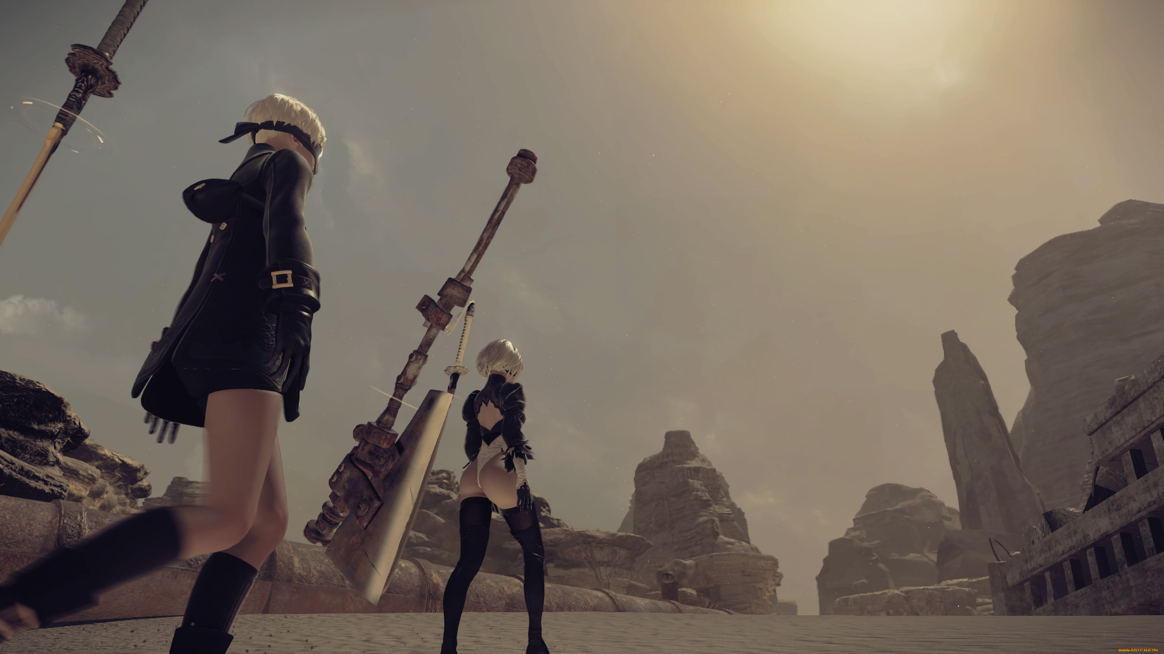 видео, игры, nier, , automata, девушка, 2в, развалины, 9s, парень, андроиды