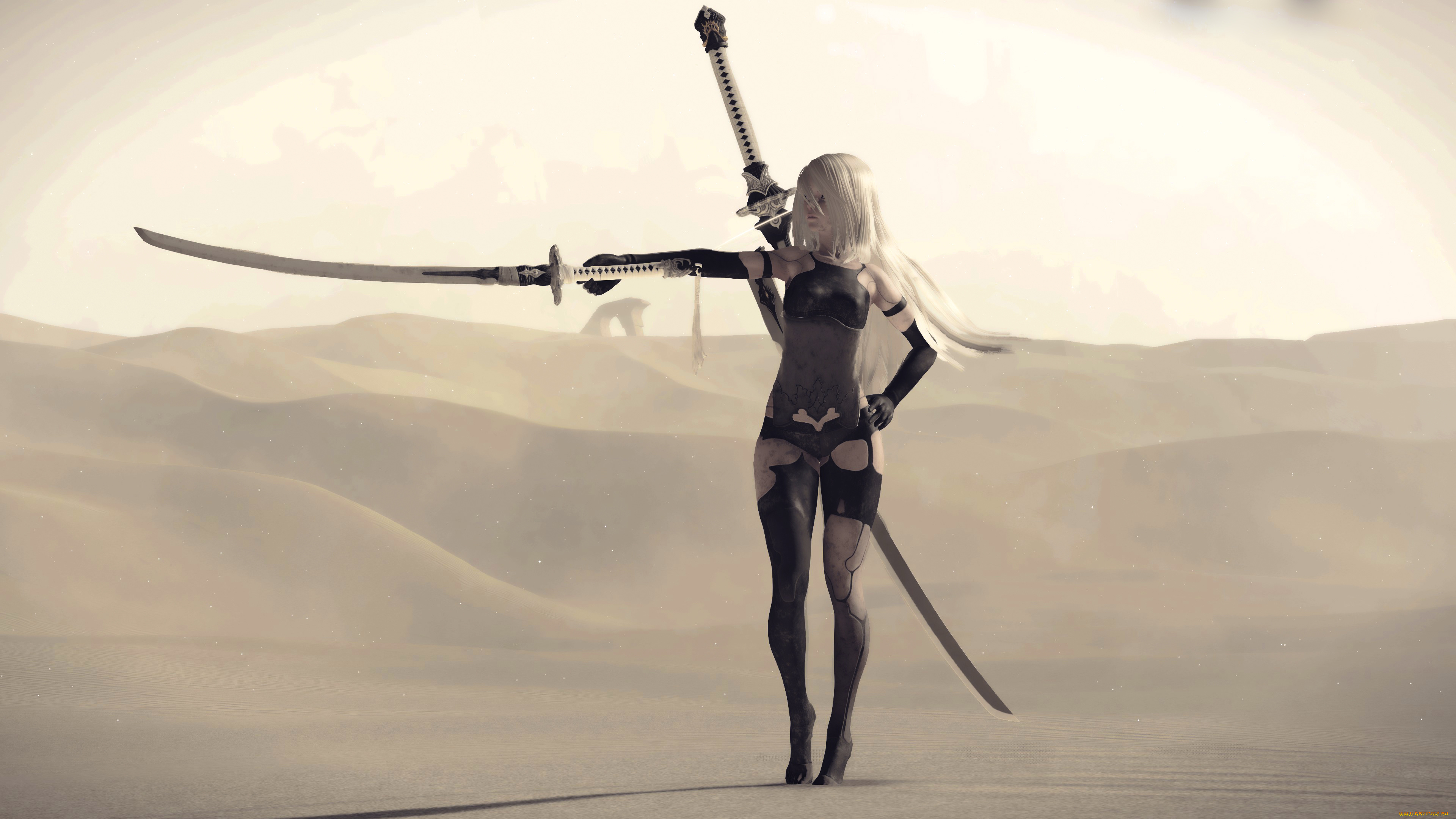 видео, игры, nier, , automata, мечи, пустыня, андроид, девушка