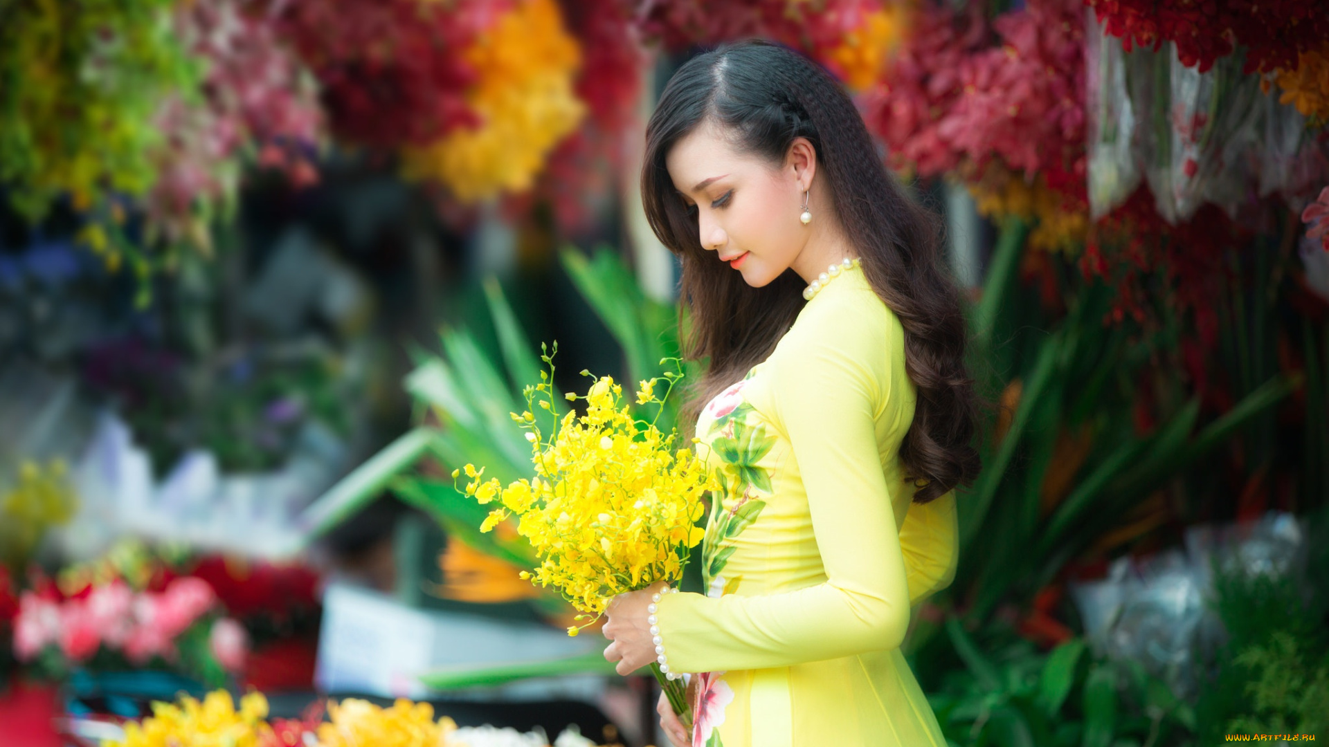 девушки, -, азиатки, шатенка, платье, цветы