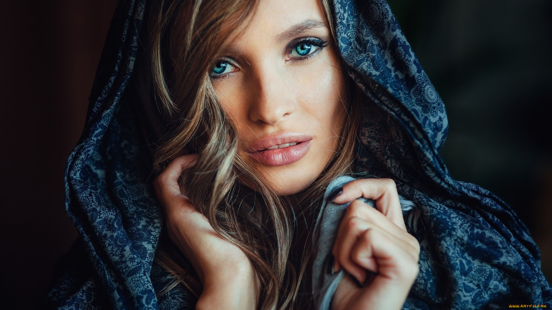 девушки, -, лица, , портреты, платок, шатенка, голубые, глаза