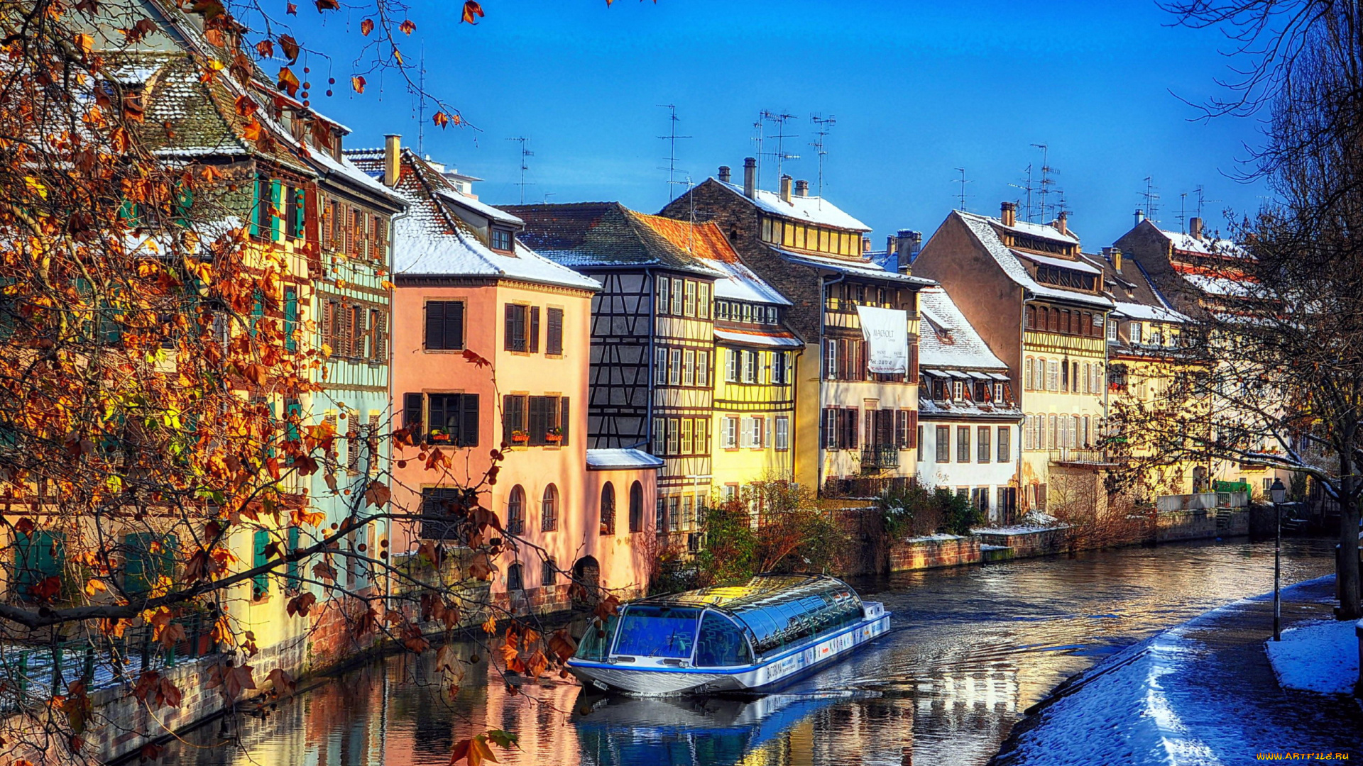 города, страсбург, , франция, река, здания, снег