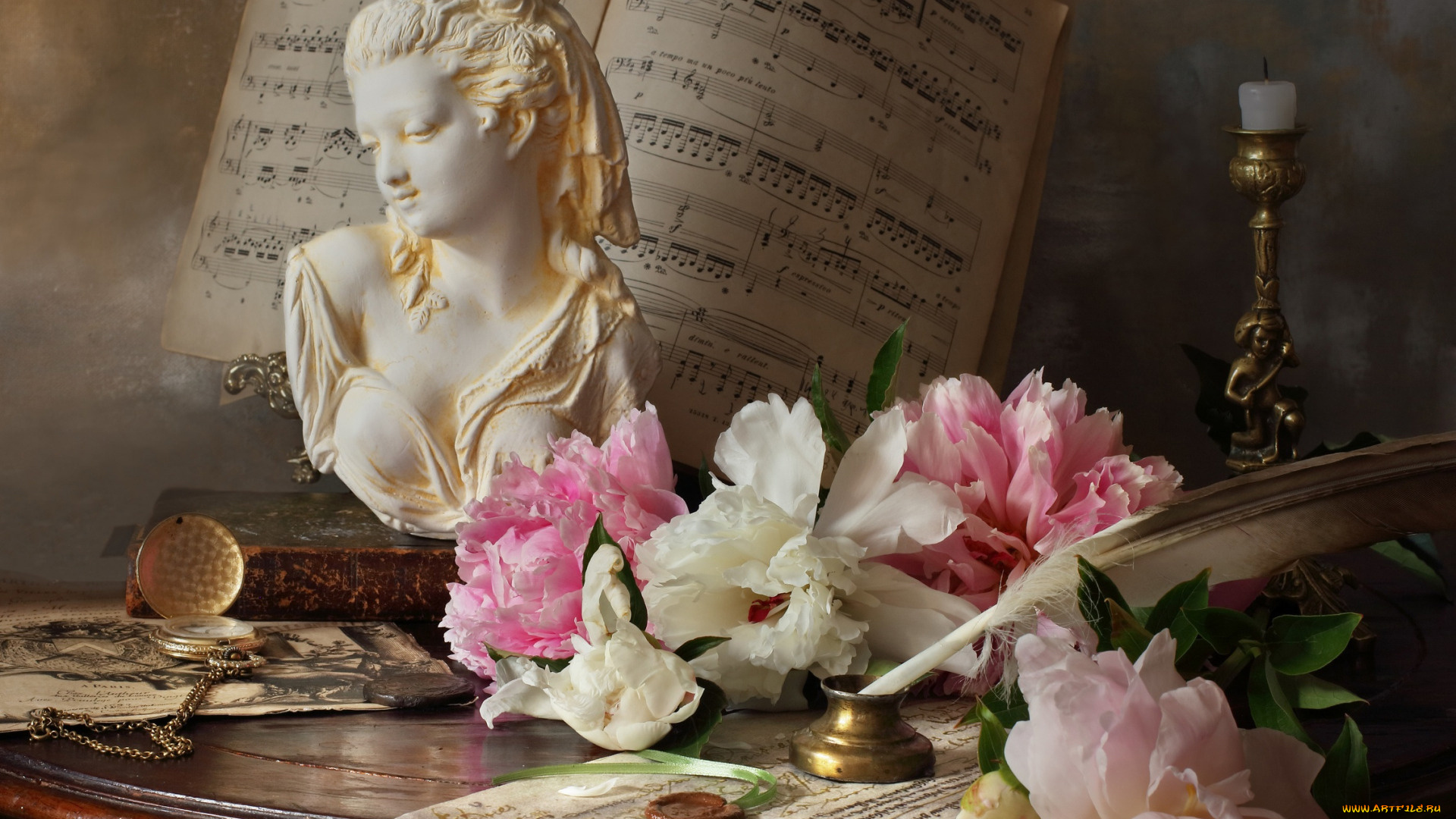 разное, канцелярия, , книги, бюст, ноты, свеча, пионы, перо, композиция