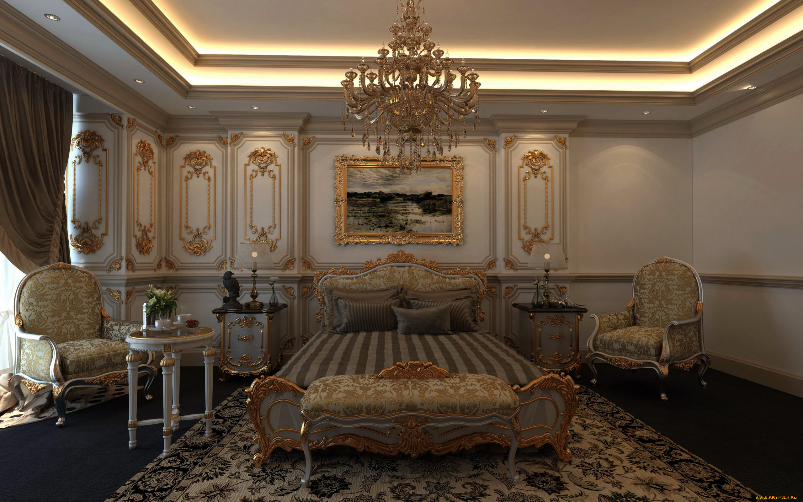 интерьер, спальня, картина, люстра, кровать