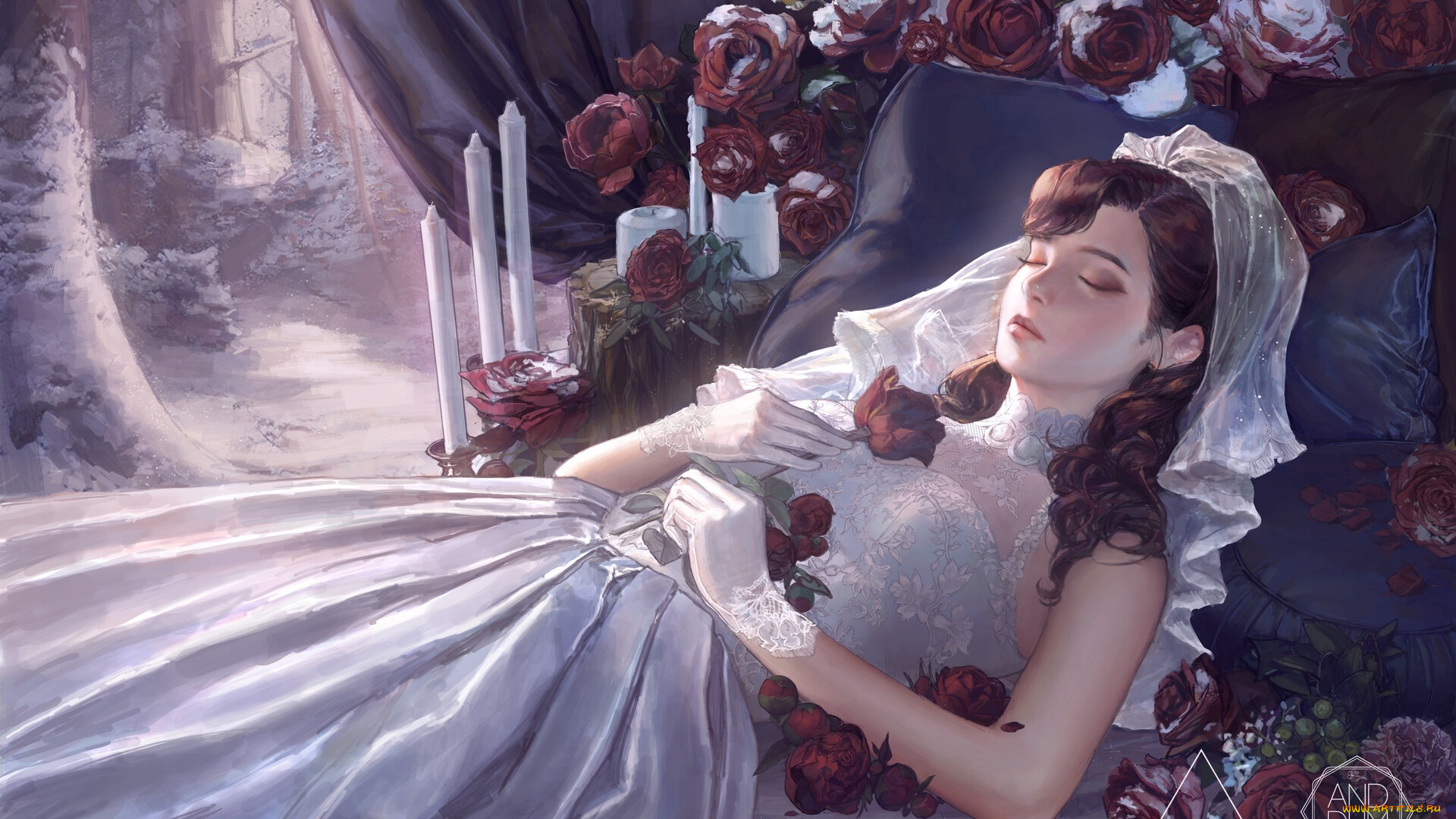 фэнтези, девушки, девушка, сон, розы, снег