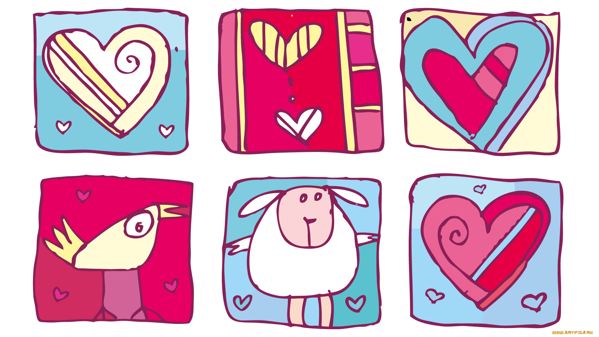 векторная, графика, сердечки, , hearts, квадраты, сердечки, баран, птица