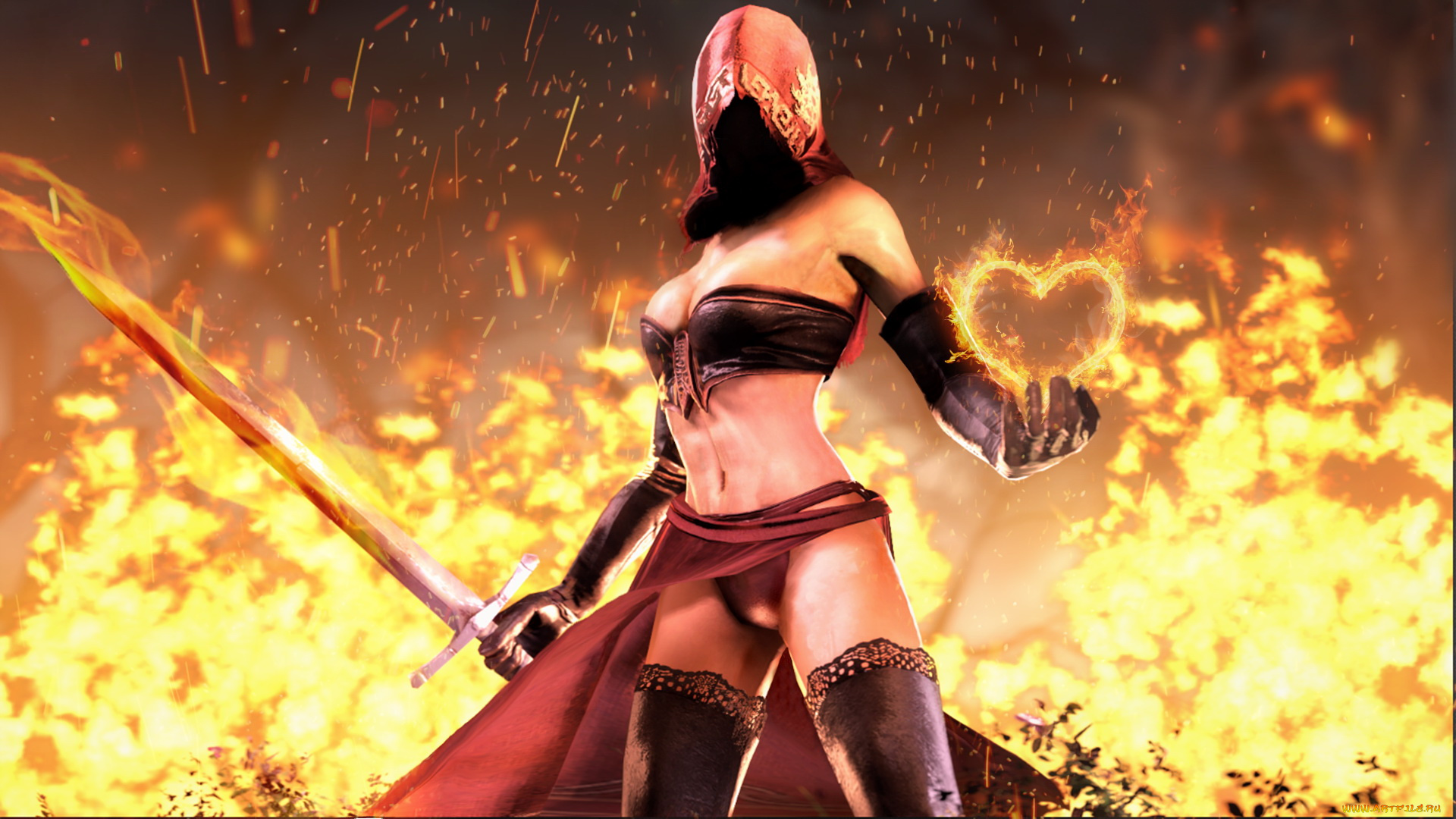 3д, графика, фантазия, , fantasy, девушка, фон, маска, меч, огонь, сердце, чулки