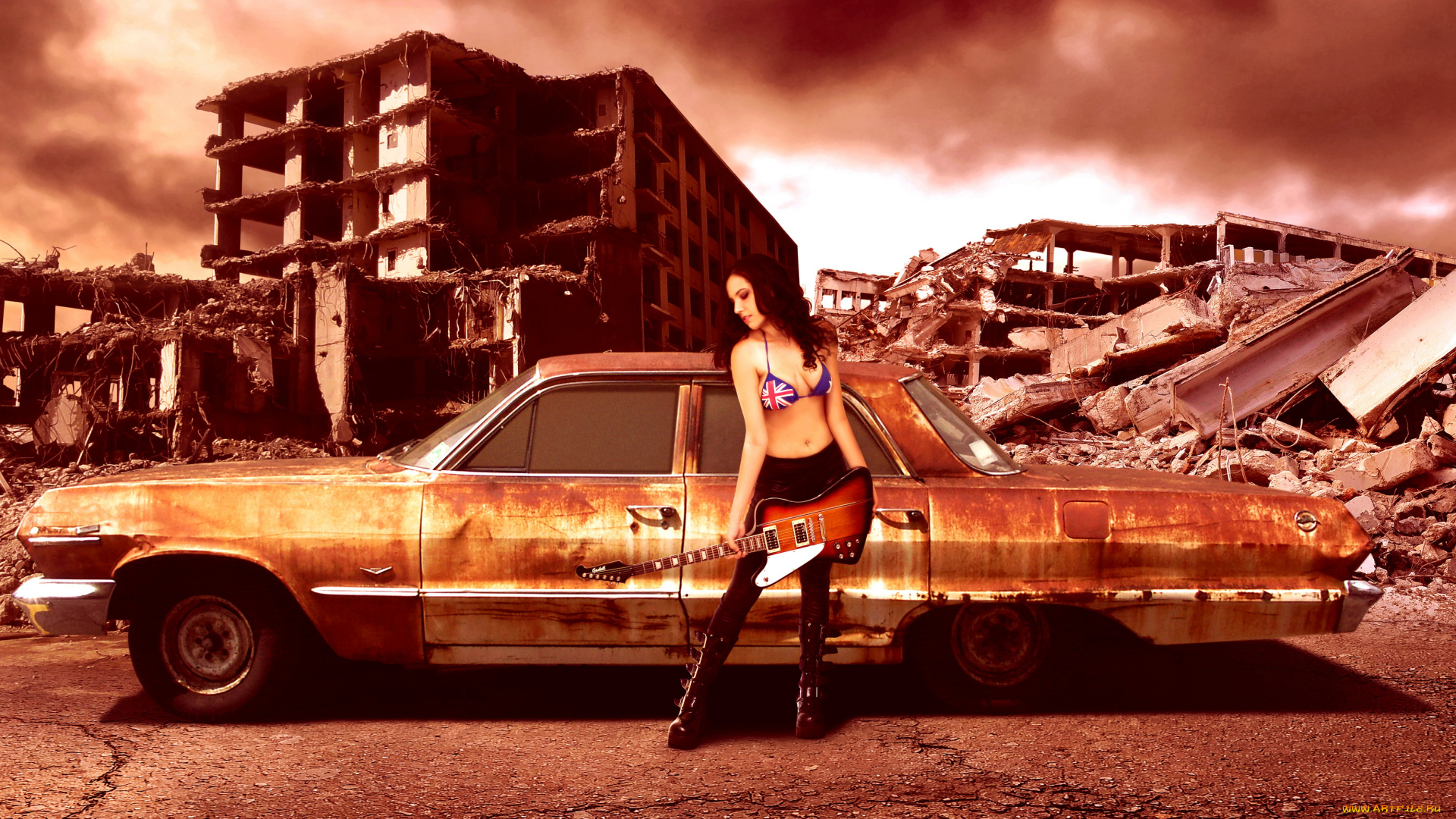 девушки, -, креатив, , косплей, девушка, фон, гитара, авто