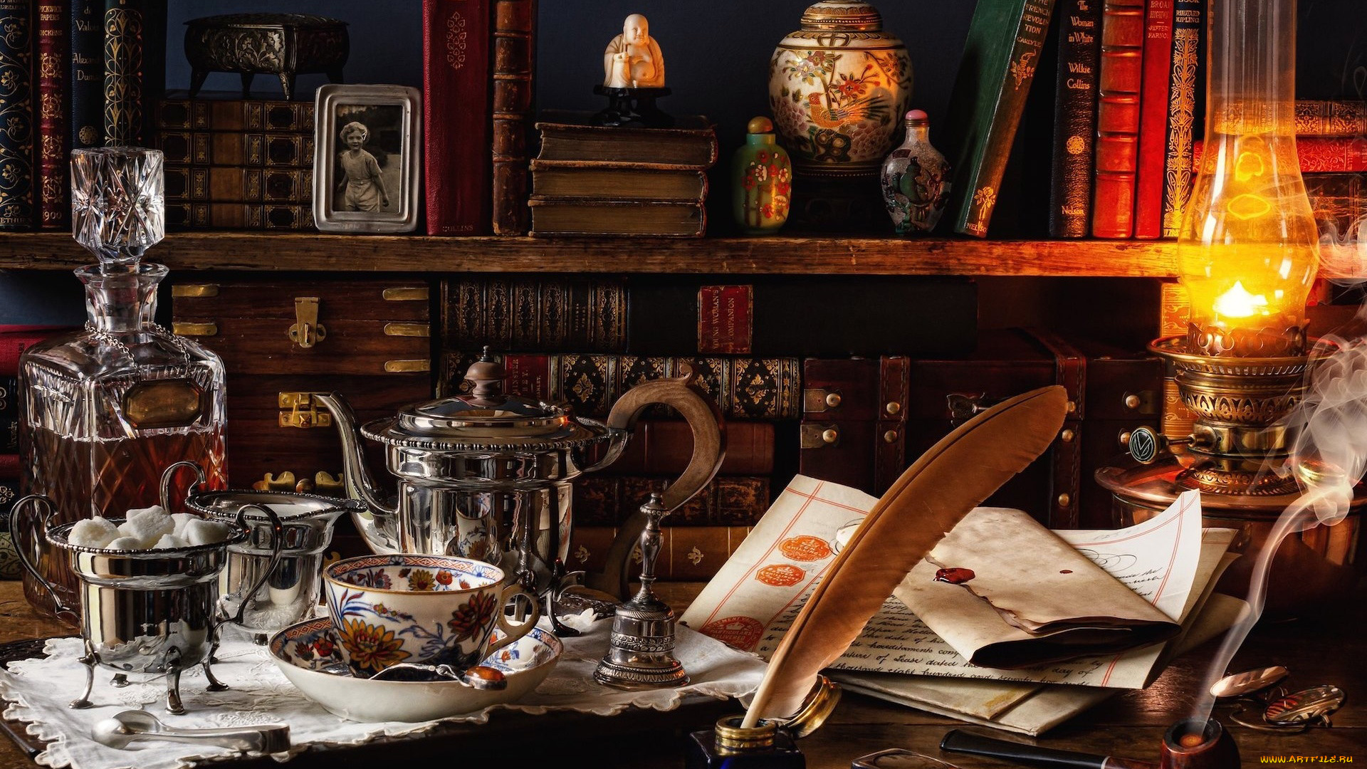еда, натюрморт, лампа, чайник, коньяк, сахар, чернильница, перо