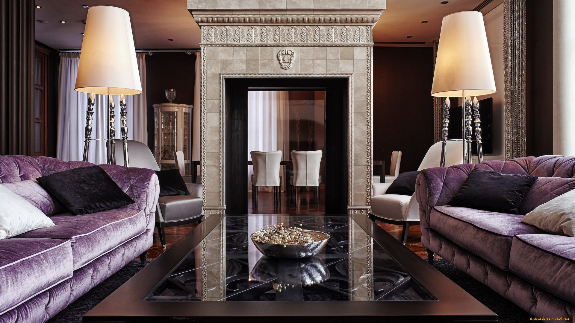 интерьер, гостиная, торшеры, диваны, подушки