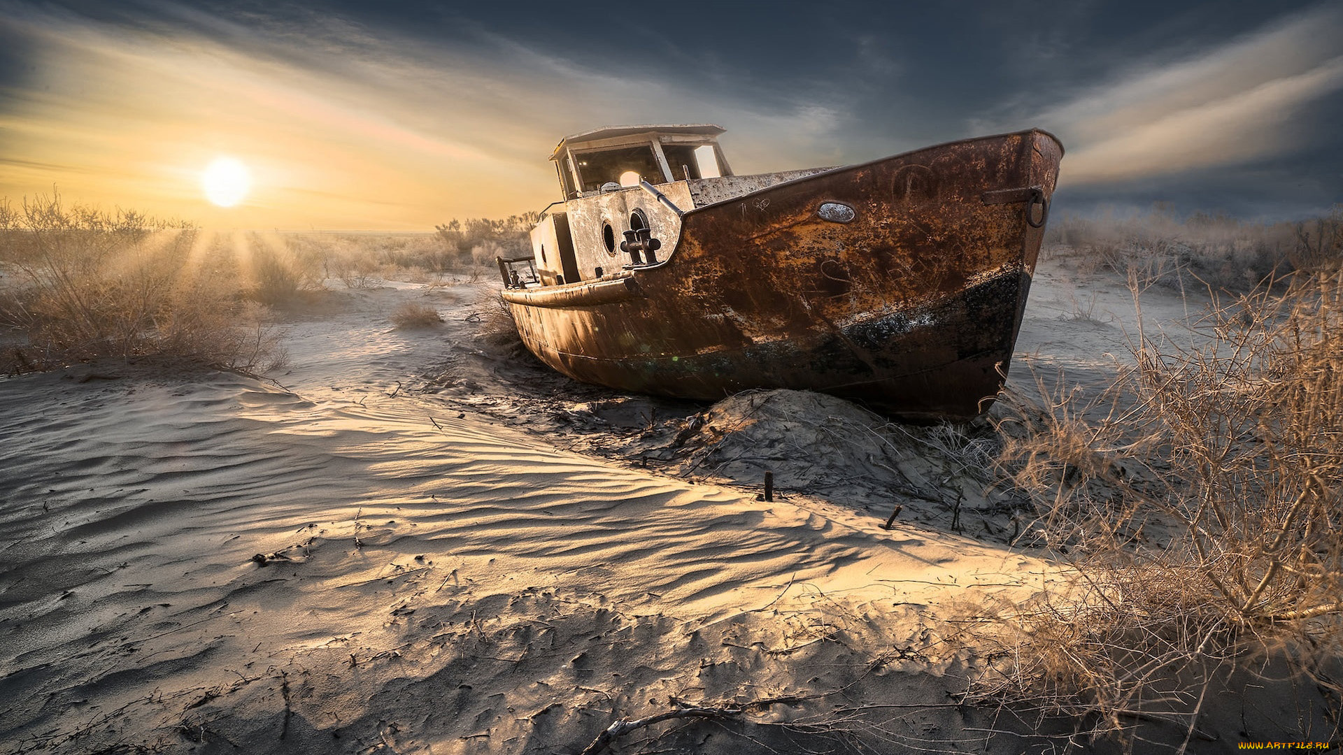 корабли, баржи, закат, песок, ржавая, баржа