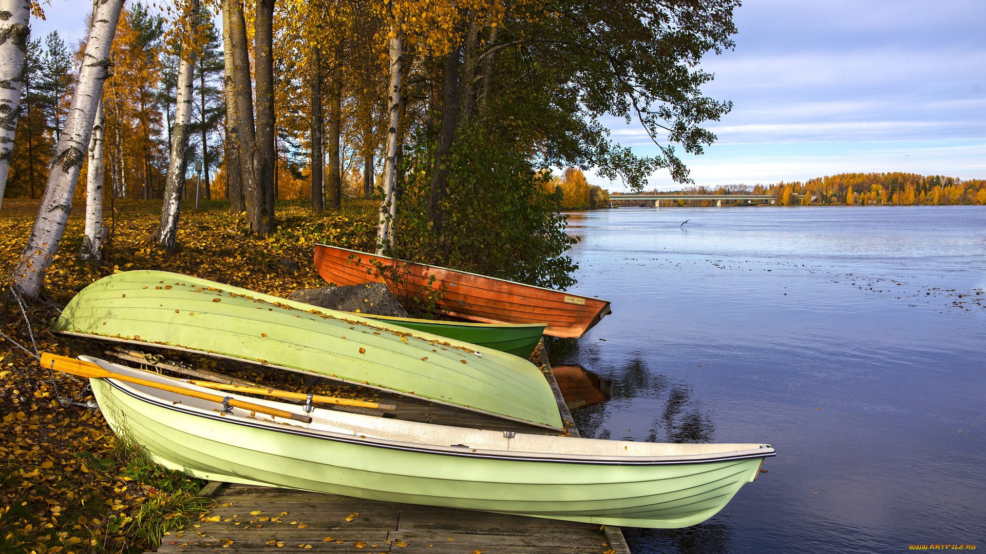 корабли, лодки, , шлюпки, река, весла, осень, листопад