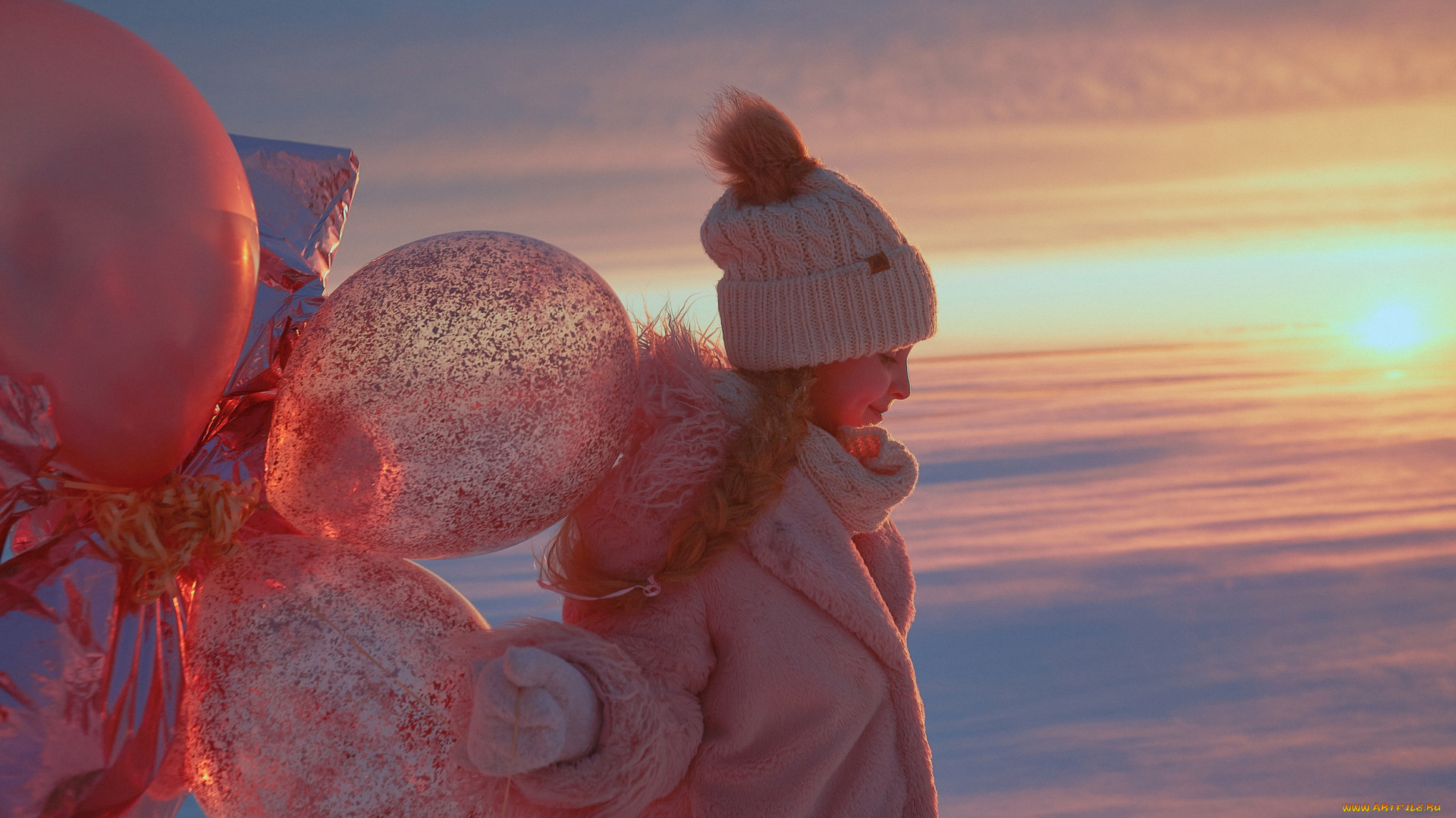 разное, дети, девочка, шарики, зима, снег, закат, шапка