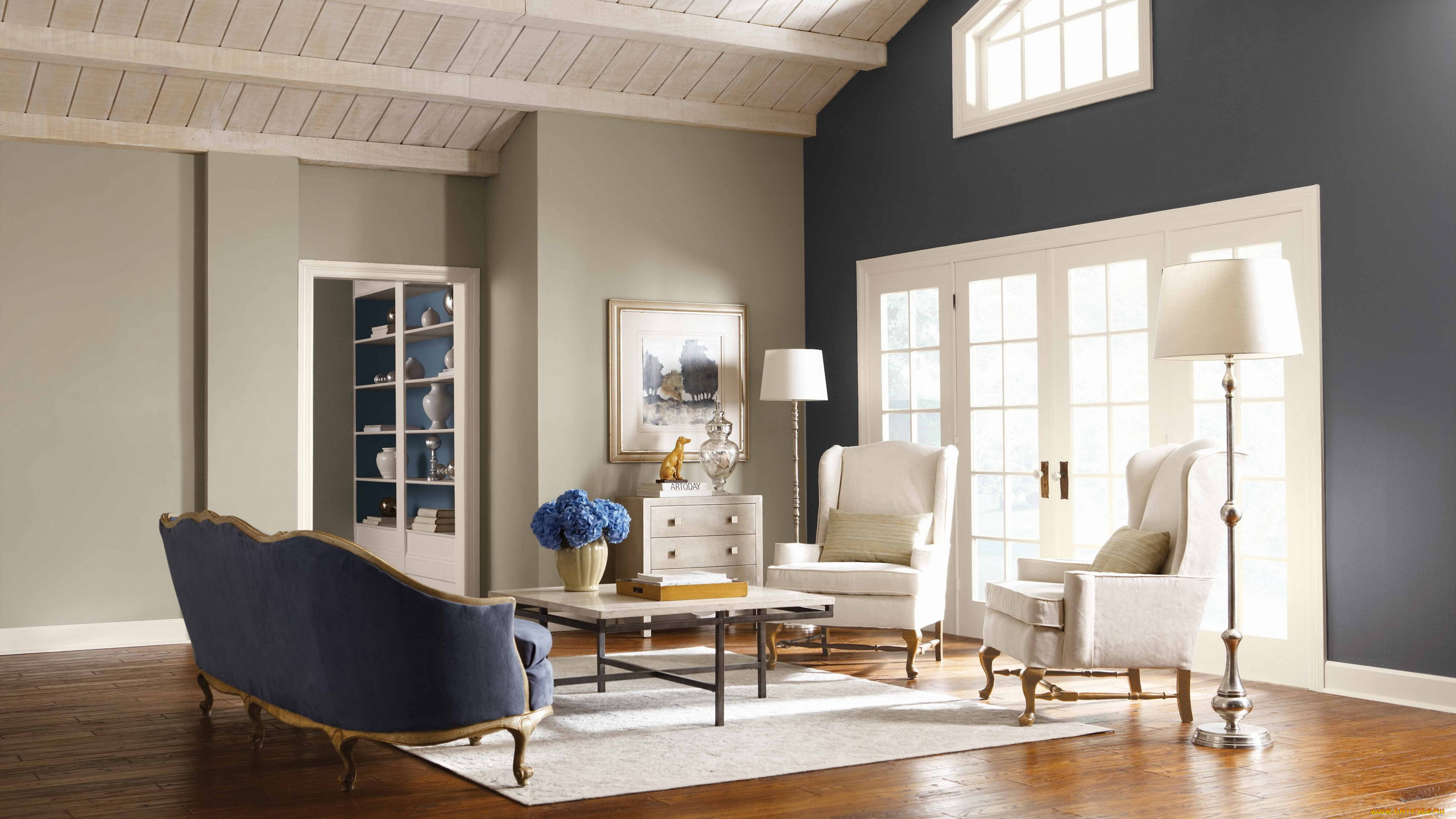 интерьер, гостиная, кресла, торшеры, букет