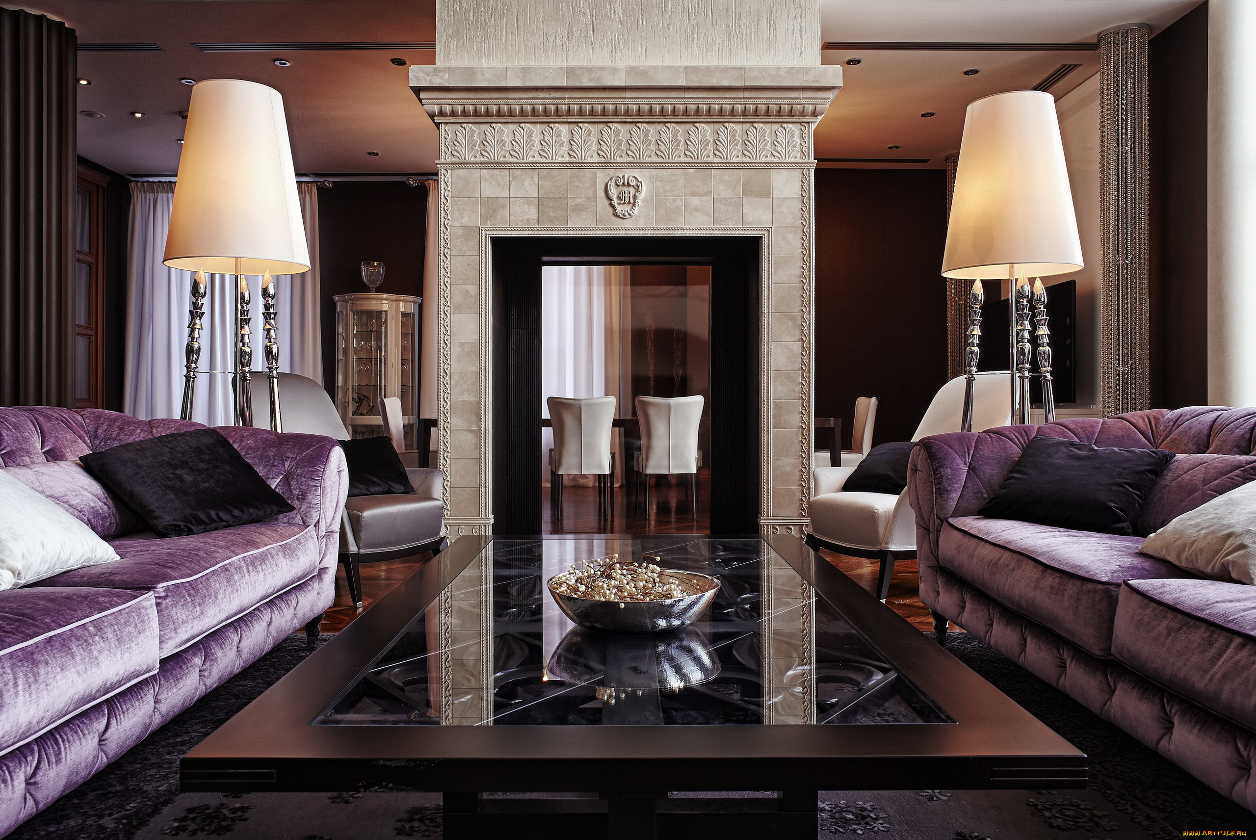 интерьер, гостиная, торшеры, диваны, подушки