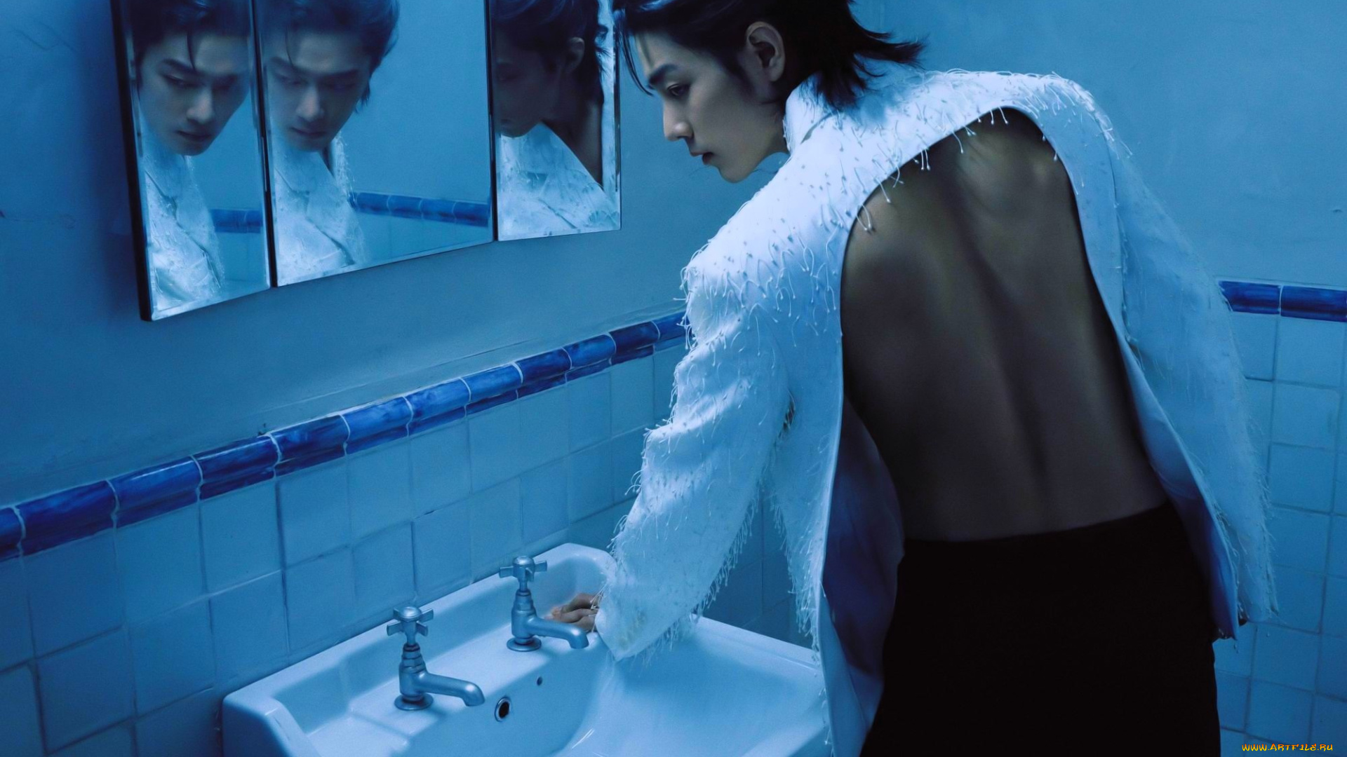 мужчины, xiao, zhan, актер, наряд, зеркало, раковина, санузел