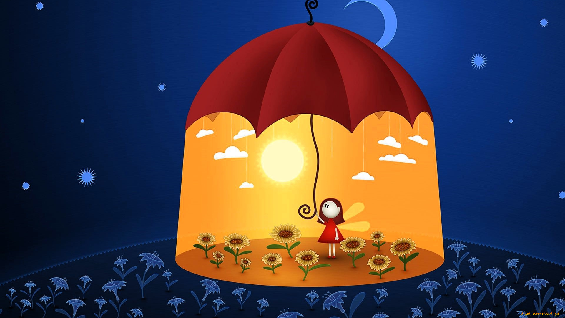 рисованное, vladstudio, девочка, цветы, зонт, солнце, луна, ночь