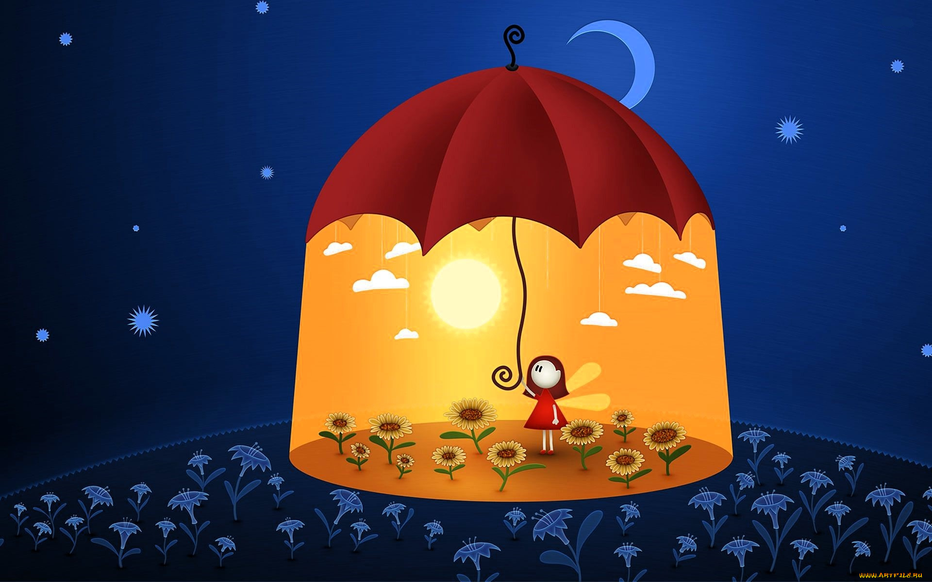 рисованное, vladstudio, девочка, цветы, зонт, солнце, луна, ночь
