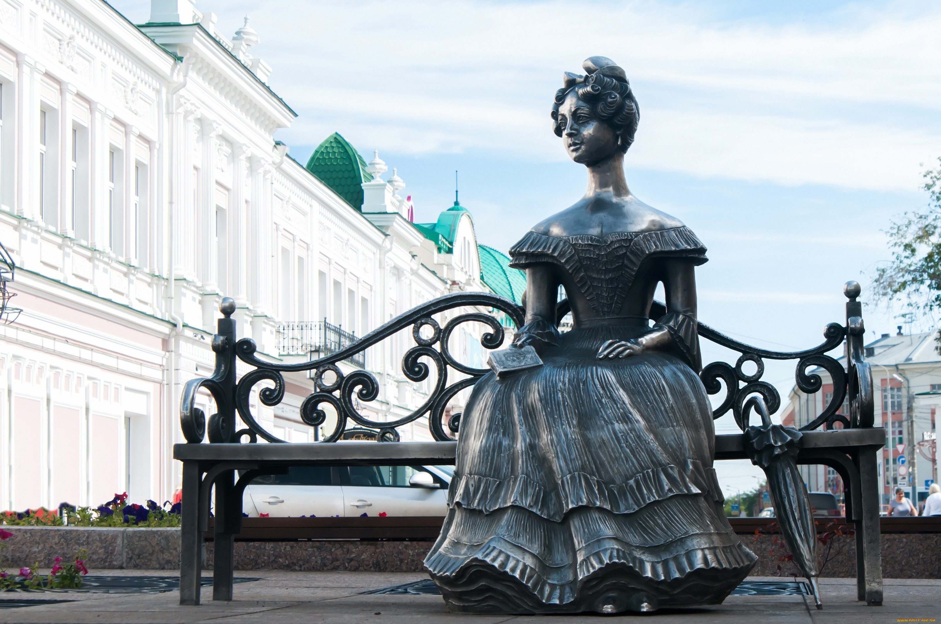 города, -, памятники, , скульптуры, , арт-объекты, люба, скульптура, oмск, россия, скамейка, зонтик, сидит, бронза