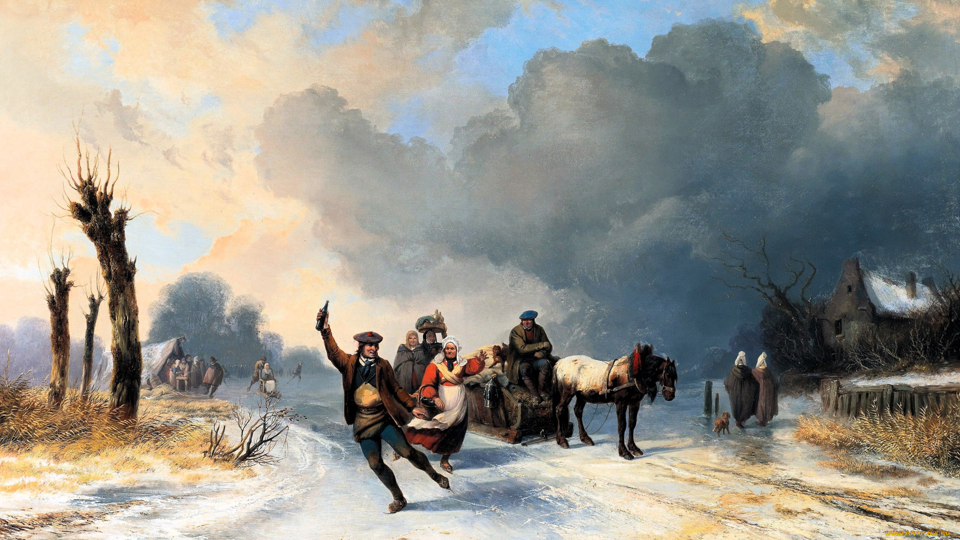 рисованное, живопись, люди, сани, лед, коньки, лошадь, дома