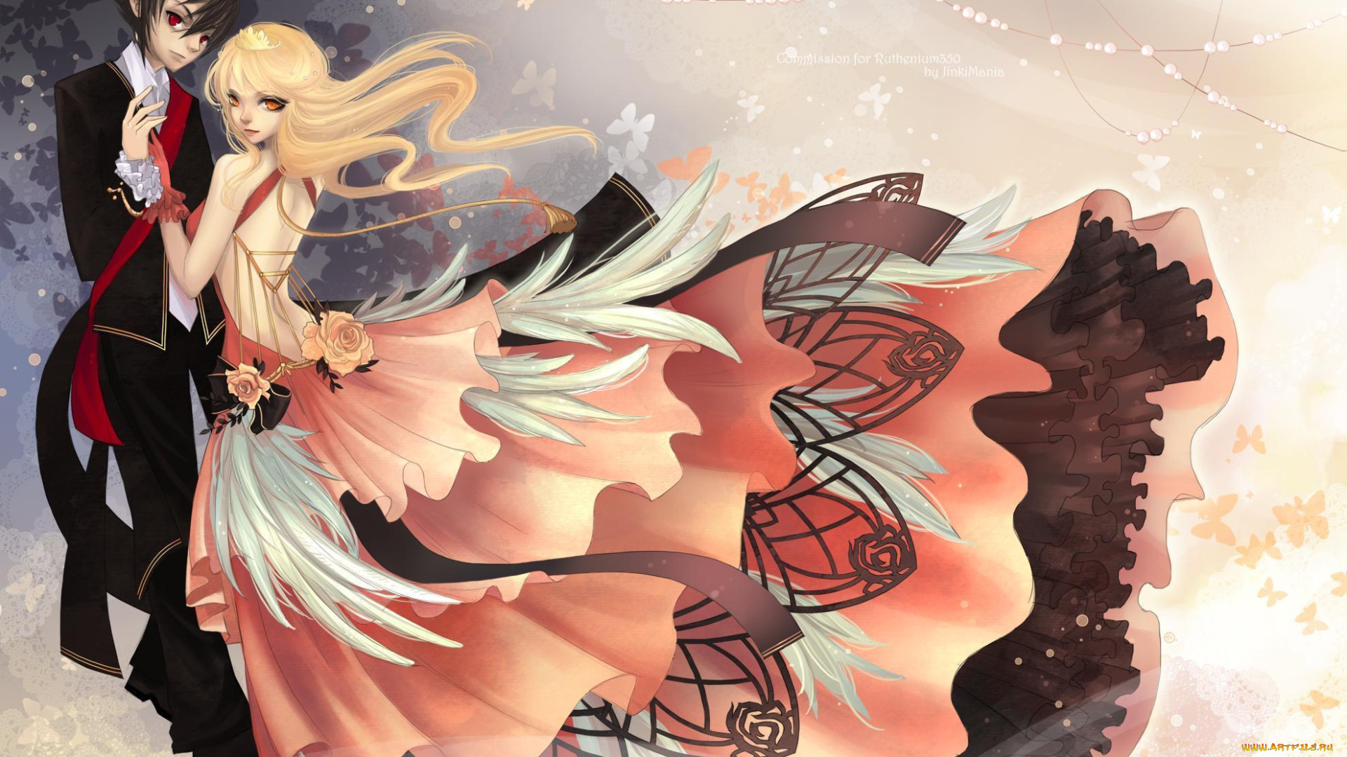 аниме, *unknown, другое, платье, танец, вальс, перень, объятия, девушка, пара