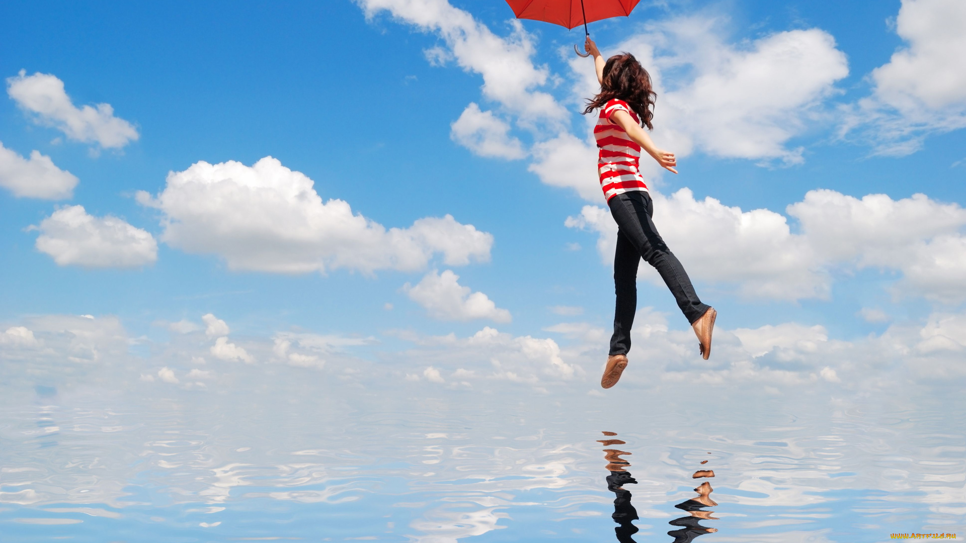 разное, компьютерный, дизайн, девушка, зонт, вода, облака