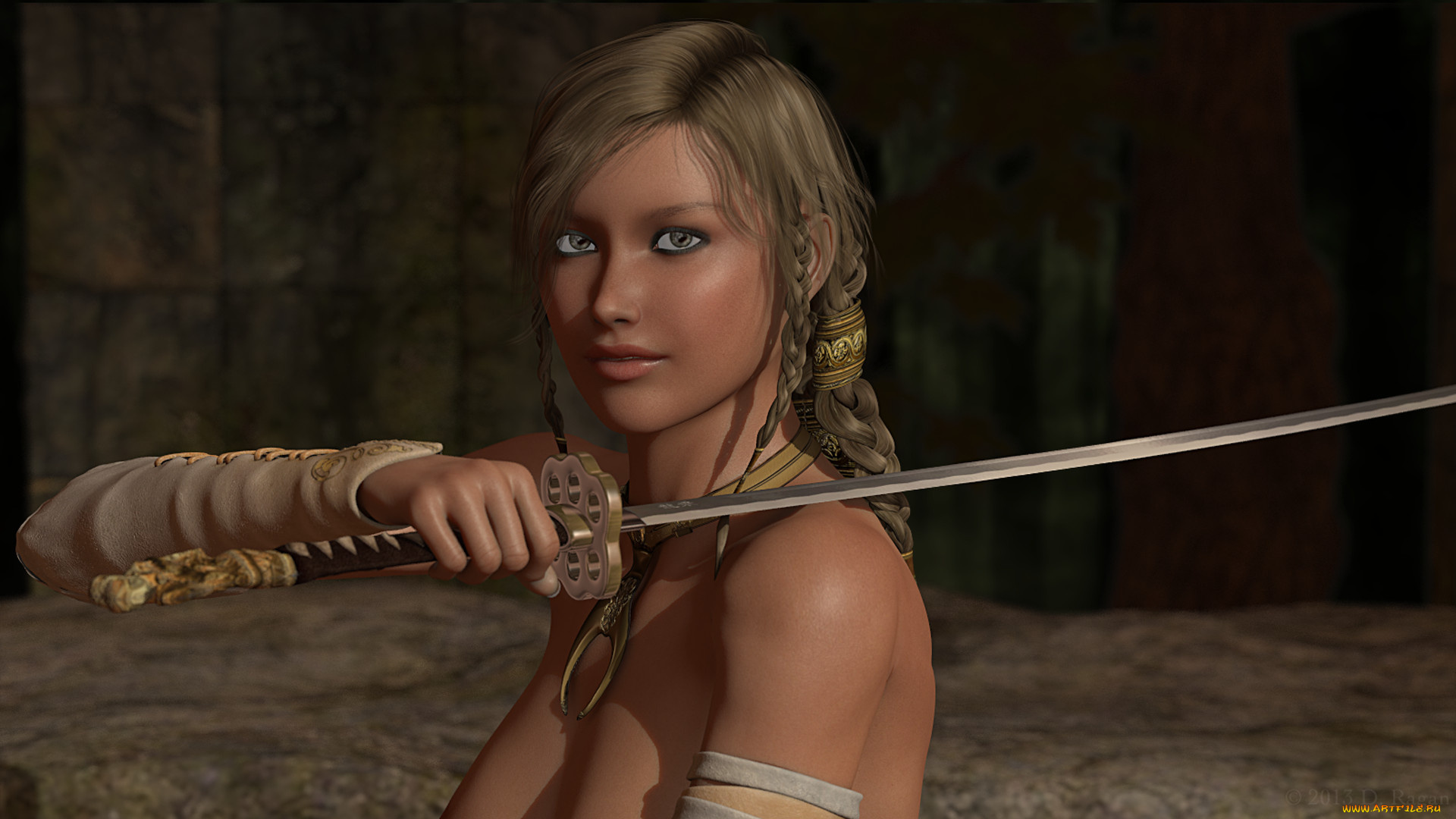 3д, графика, amazon, , амазонки, взгляд, девушка, улыбка, меч