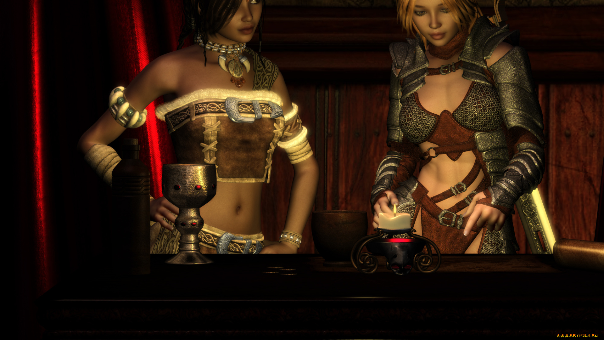 3д, графика, fantasy, , фантазия, девушки, свеча, чаша, стол