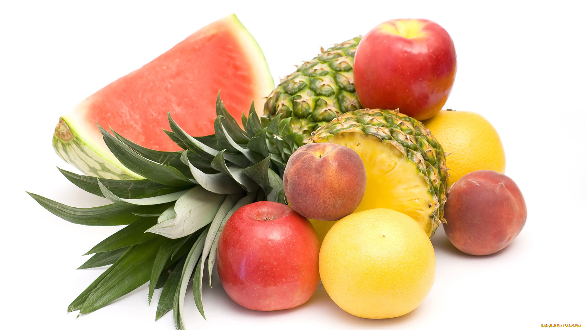 еда, фрукты, , ягоды, яблоки, персик, апельсин, арбуз, белый, фон, ананас