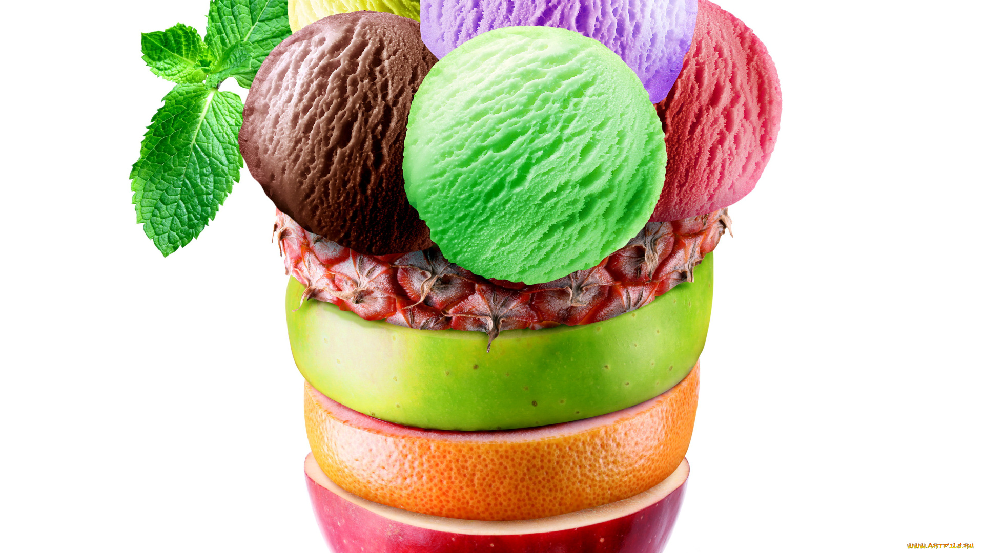 еда, мороженое, , десерты, лакомство, мята, апельсин, яблоко, ананас