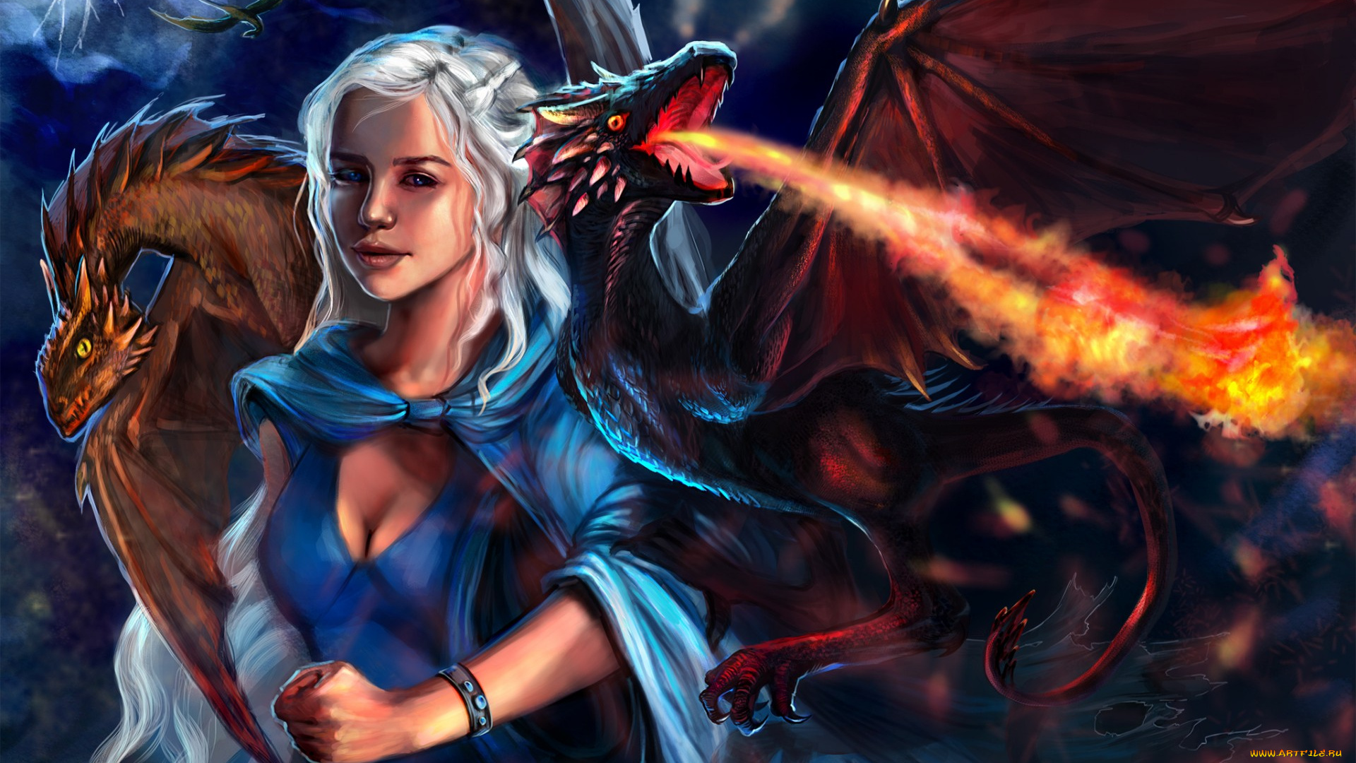 фэнтези, красавицы, и, чудовища, пламя, дракон, девушка, арт, game, of, thrones, daenerys, targaryen