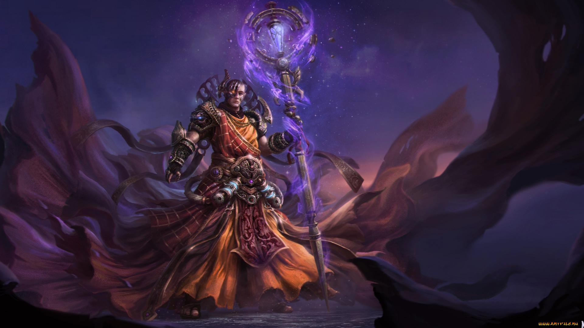 фэнтези, маги, , волшебники, магия, посох, парень, горы, арт, ночь, po, hung, chen