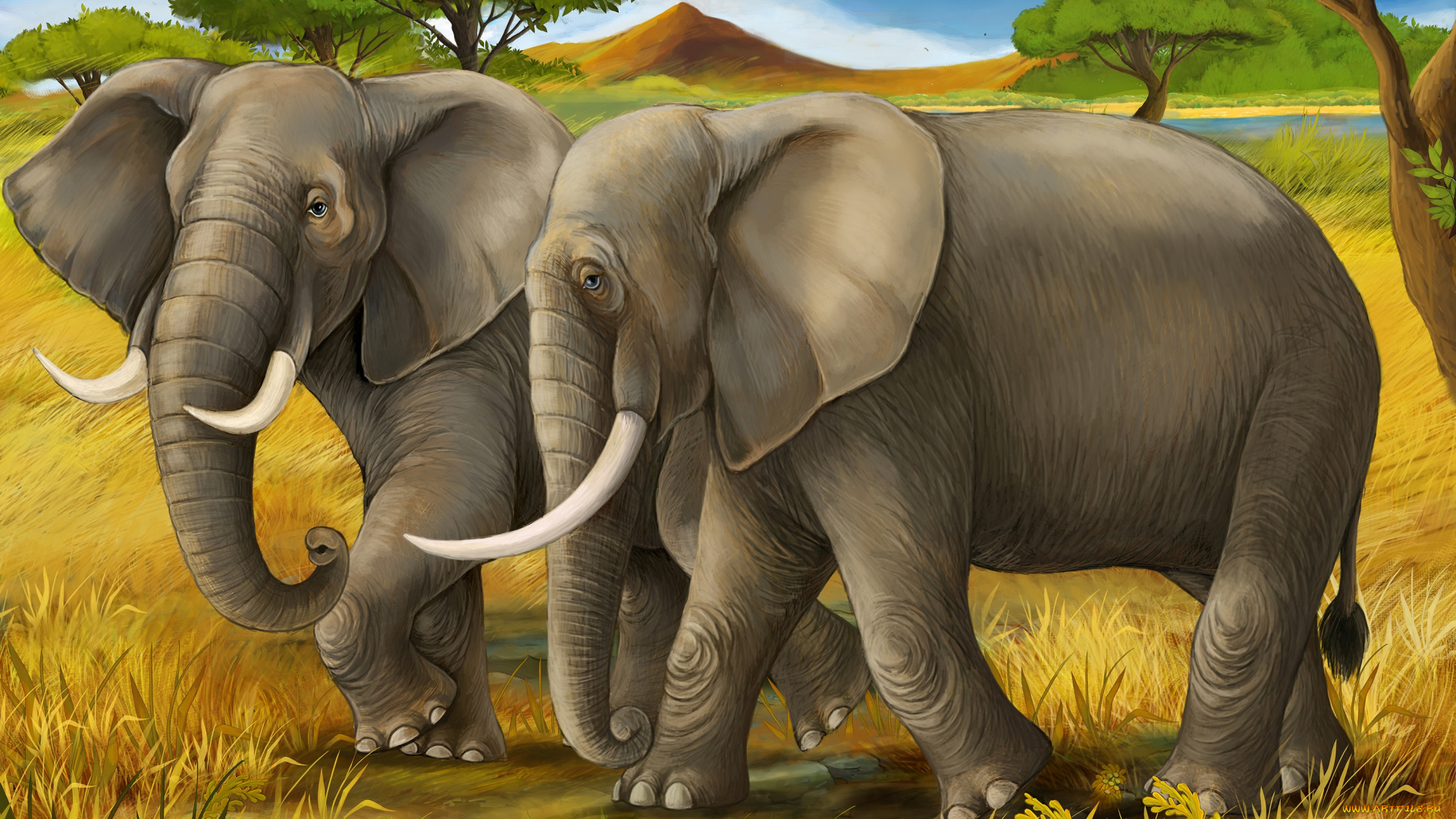 рисованные, животные, , слоны, стадо, слонов, трава, деревья