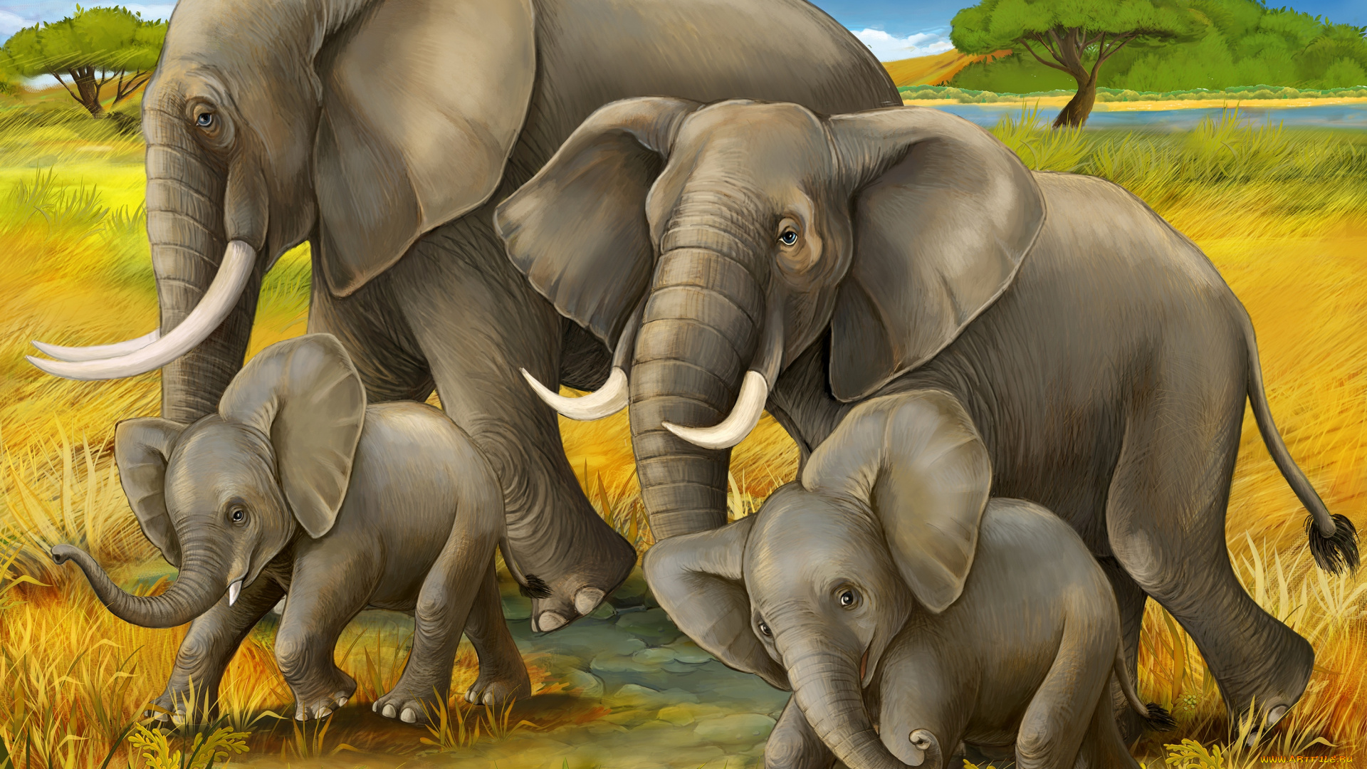 рисованные, животные, , слоны, стадо, слонов, трава, деревья