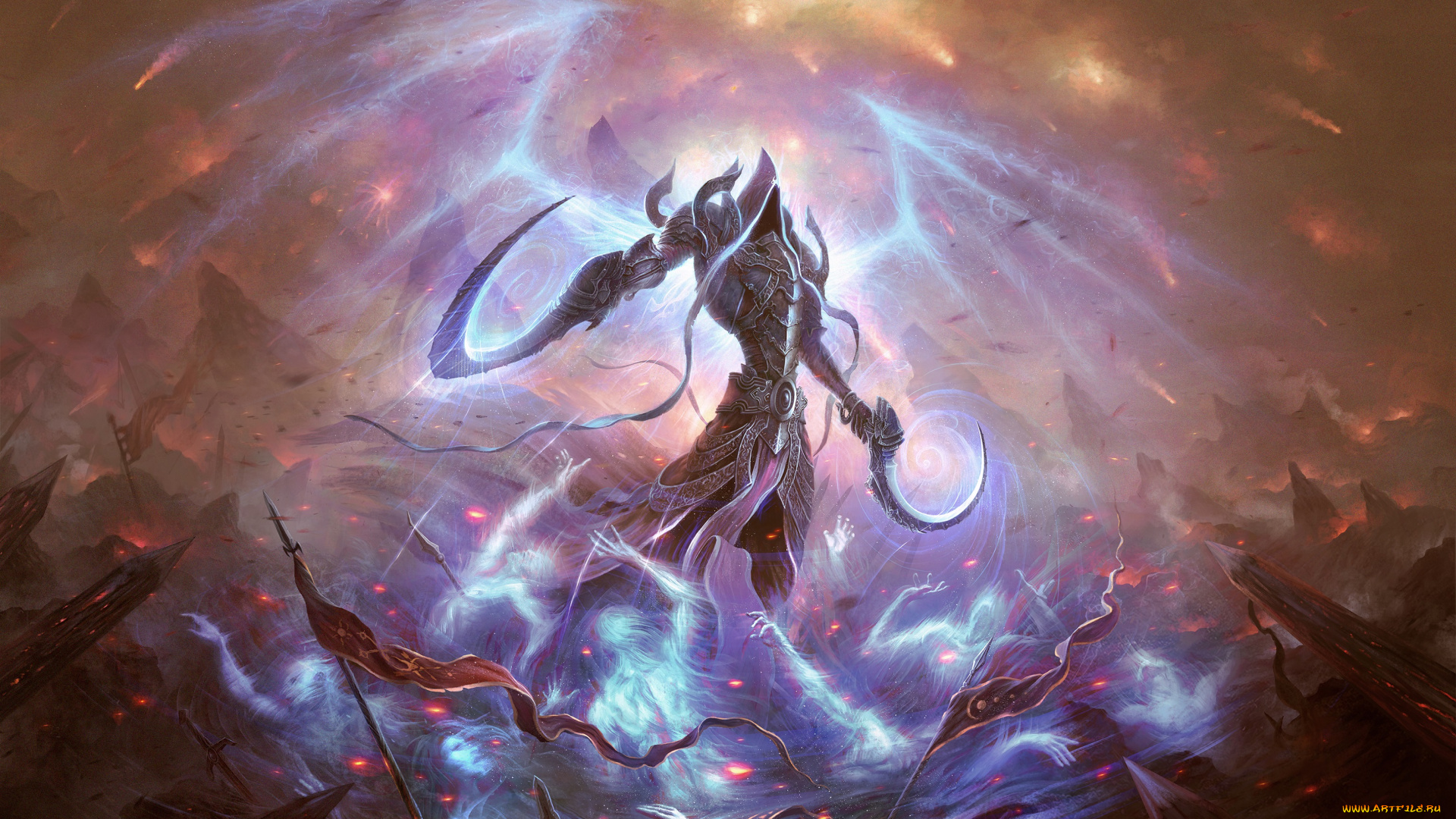 видео, игры, diablo, iii, , reaper, of, souls, влаги, души, игра, дьявол, крылья, огонь, арт, серпы, искры