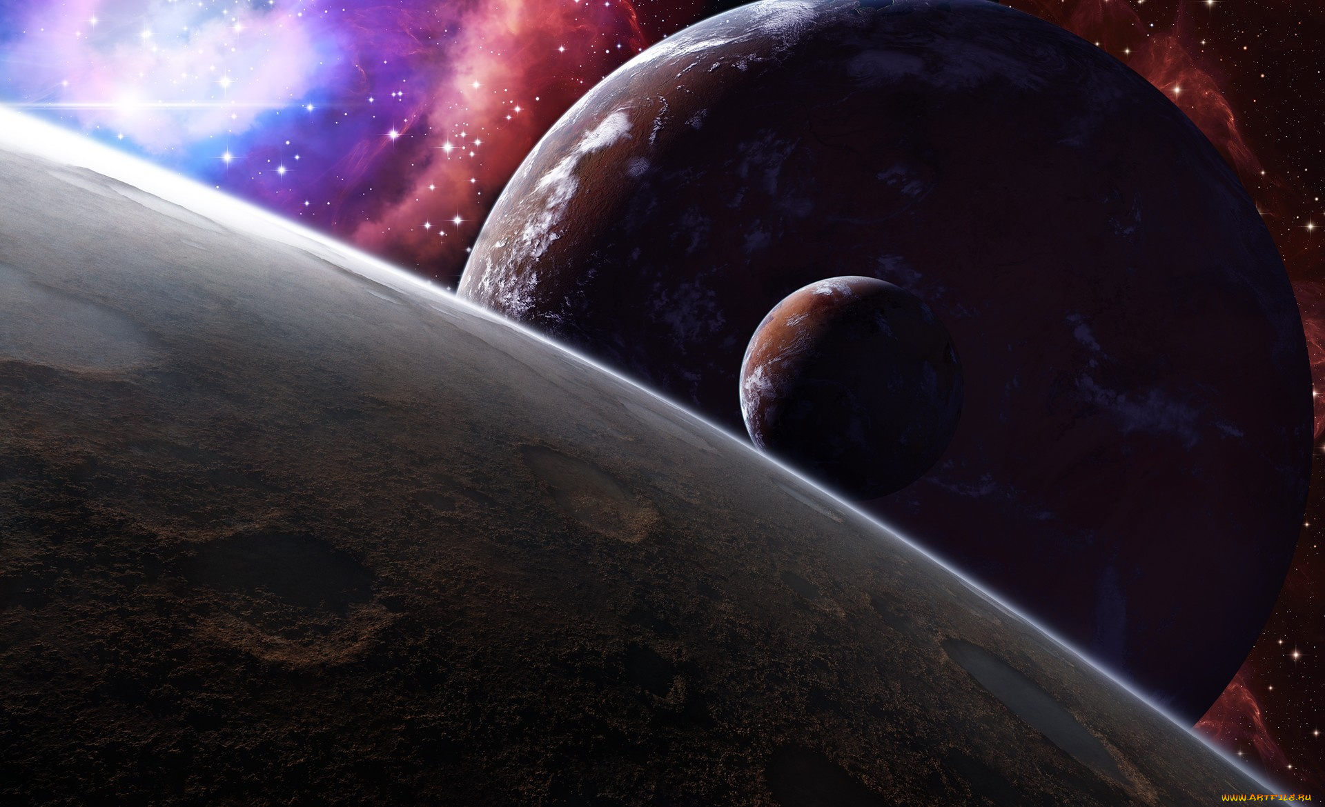 космос, арт, звезды, спутник, луна, планеты, поверхность