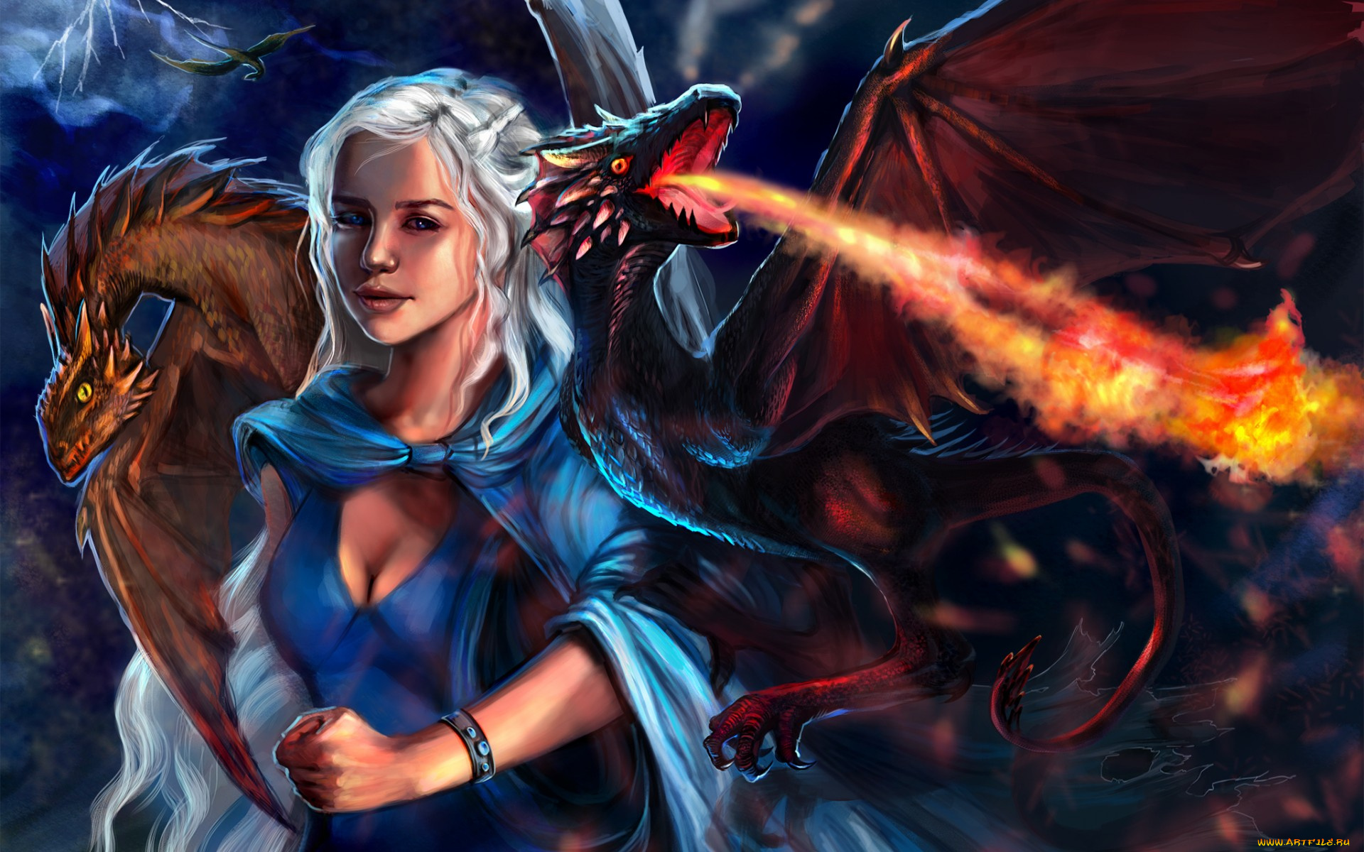 фэнтези, красавицы, и, чудовища, пламя, дракон, девушка, арт, game, of, thrones, daenerys, targaryen
