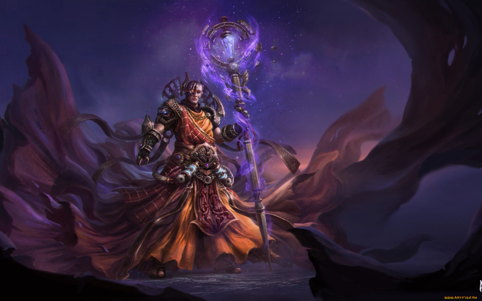 фэнтези, маги, , волшебники, магия, посох, парень, горы, арт, ночь, po, hung, chen