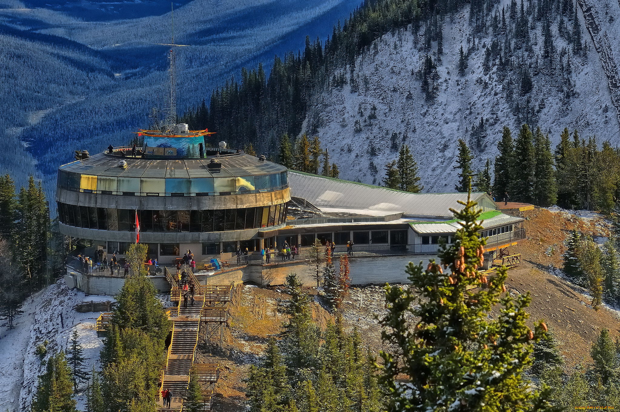 природа, горы, дорога, канатная, снег, лес, вершины