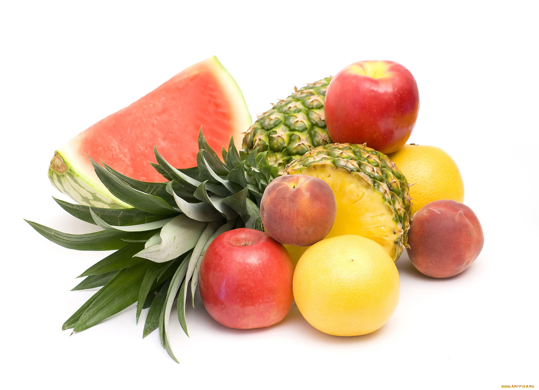 еда, фрукты, , ягоды, яблоки, персик, апельсин, арбуз, белый, фон, ананас