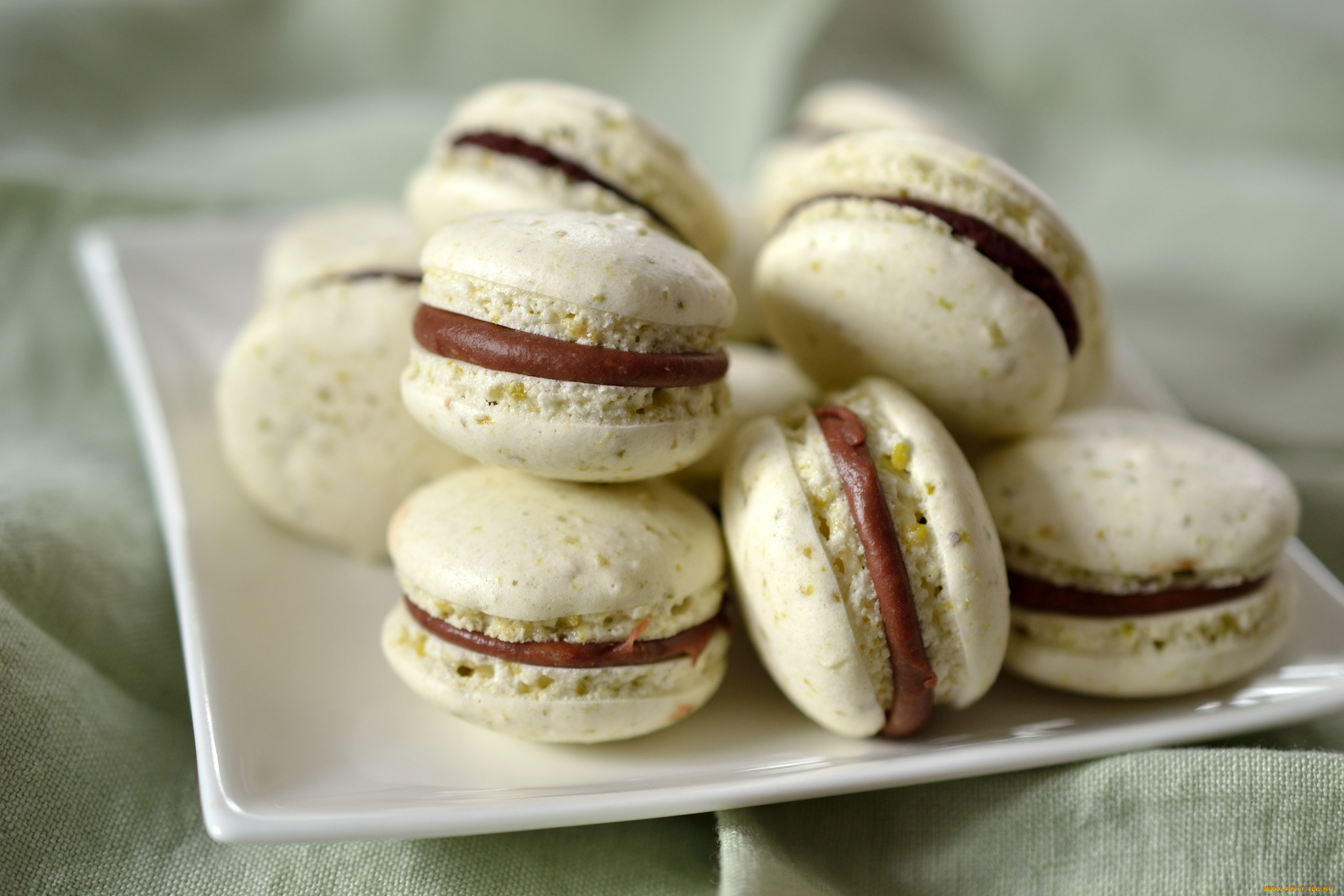 еда, -, макаруны, тарелка, фон, шоколадная, начинка, макаруны