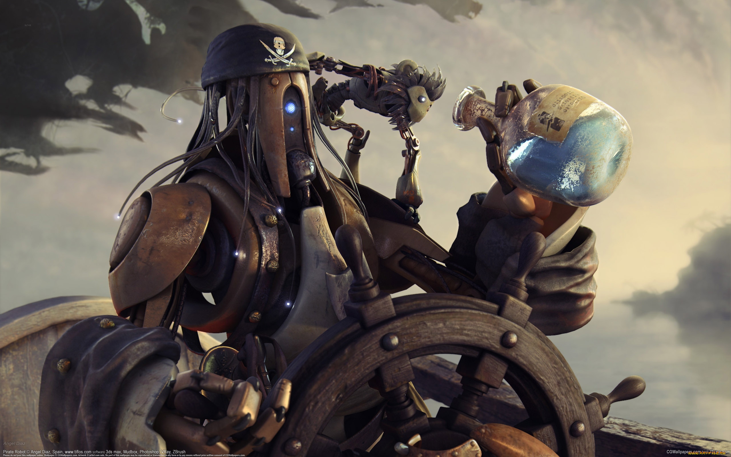 angel, diaz, 3д, графика, creatures, , существа, робот, обезьяна, пират, штурвал, angel, diaz