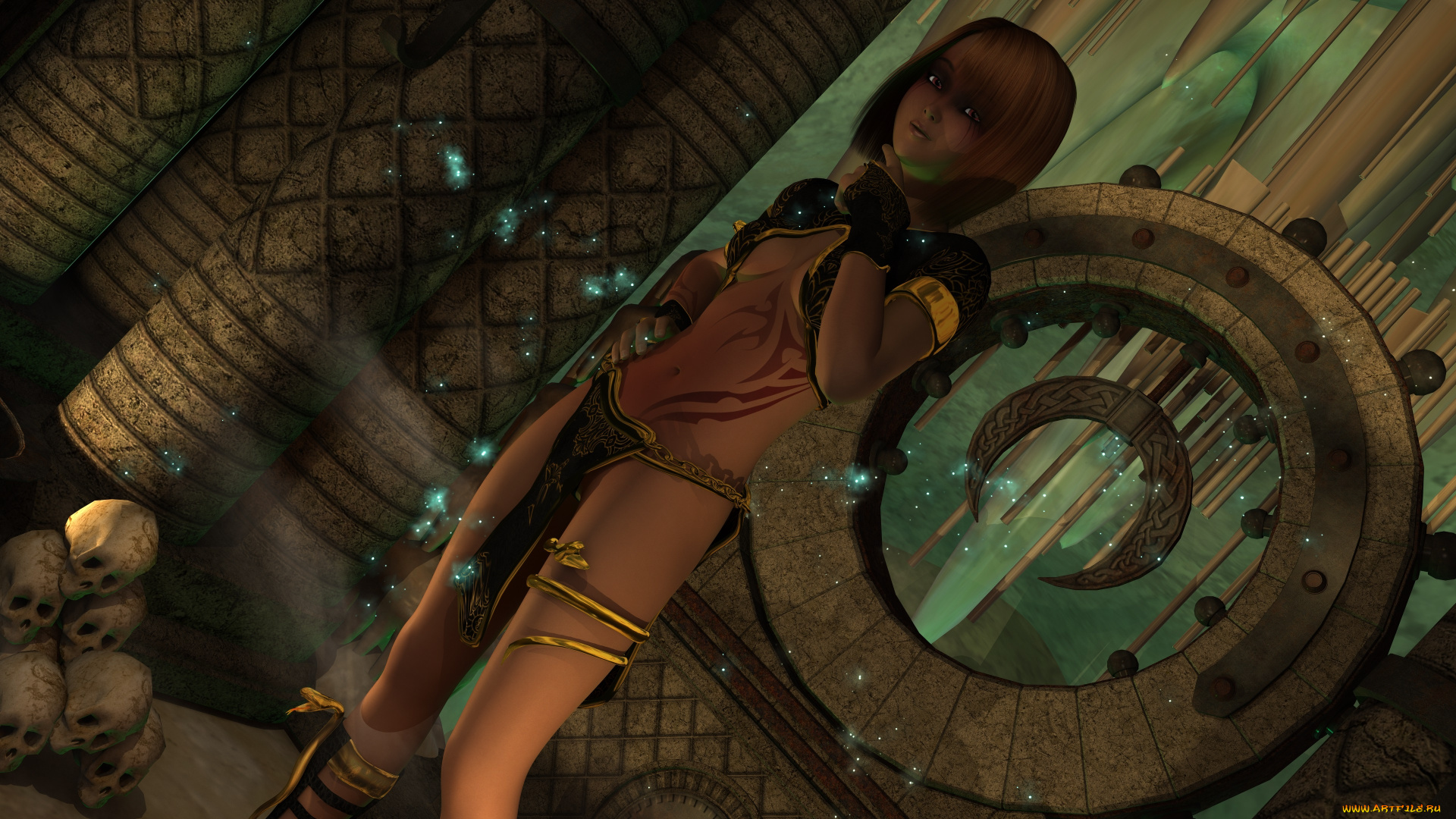 3д, графика, фантазия, , fantasy, девушка, взгляд, фон, черепа