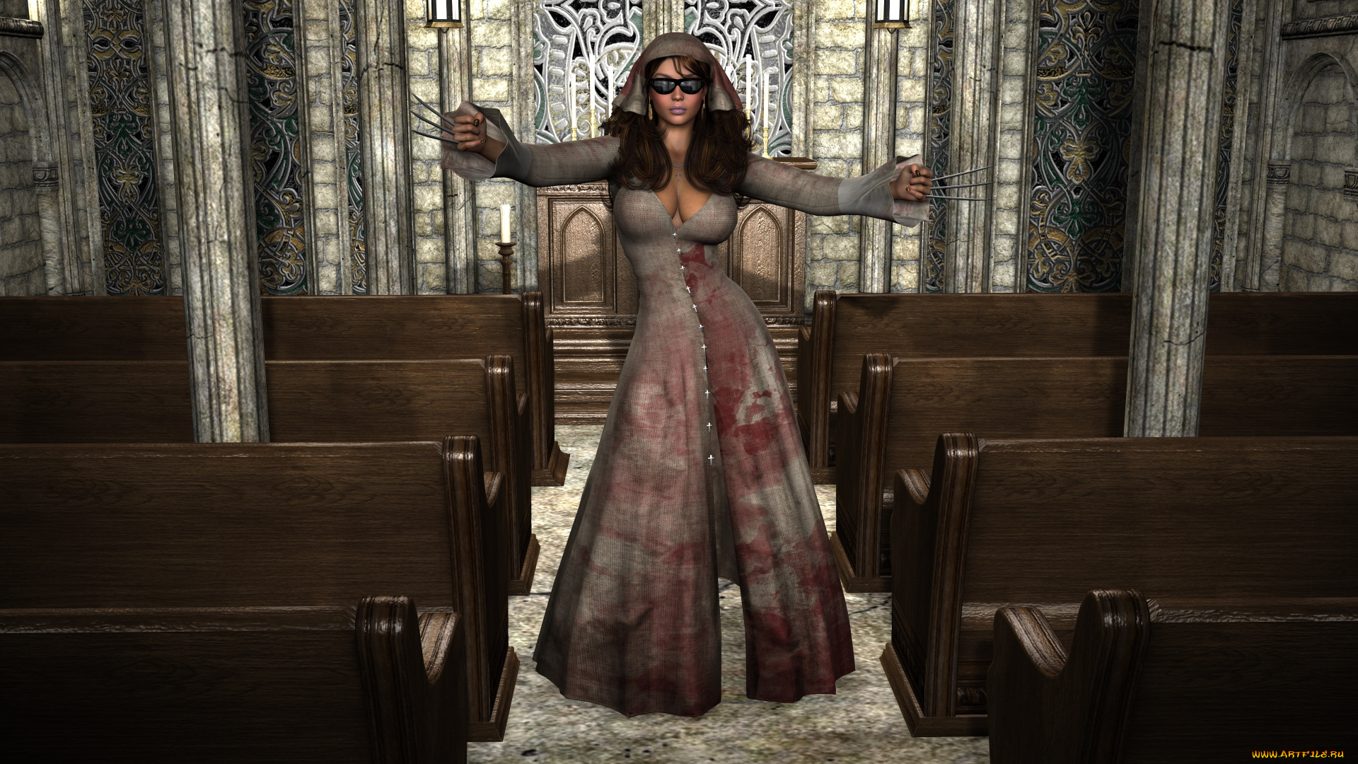 3д, графика, фантазия, , fantasy, девушка, взгляд, фон, скамейки, шипы