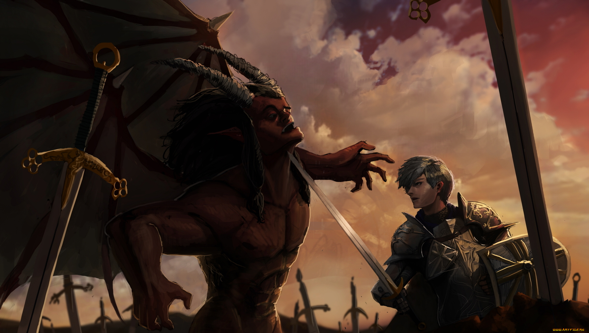 фэнтези, демоны, меч, доспехи, воин, демон, сражение