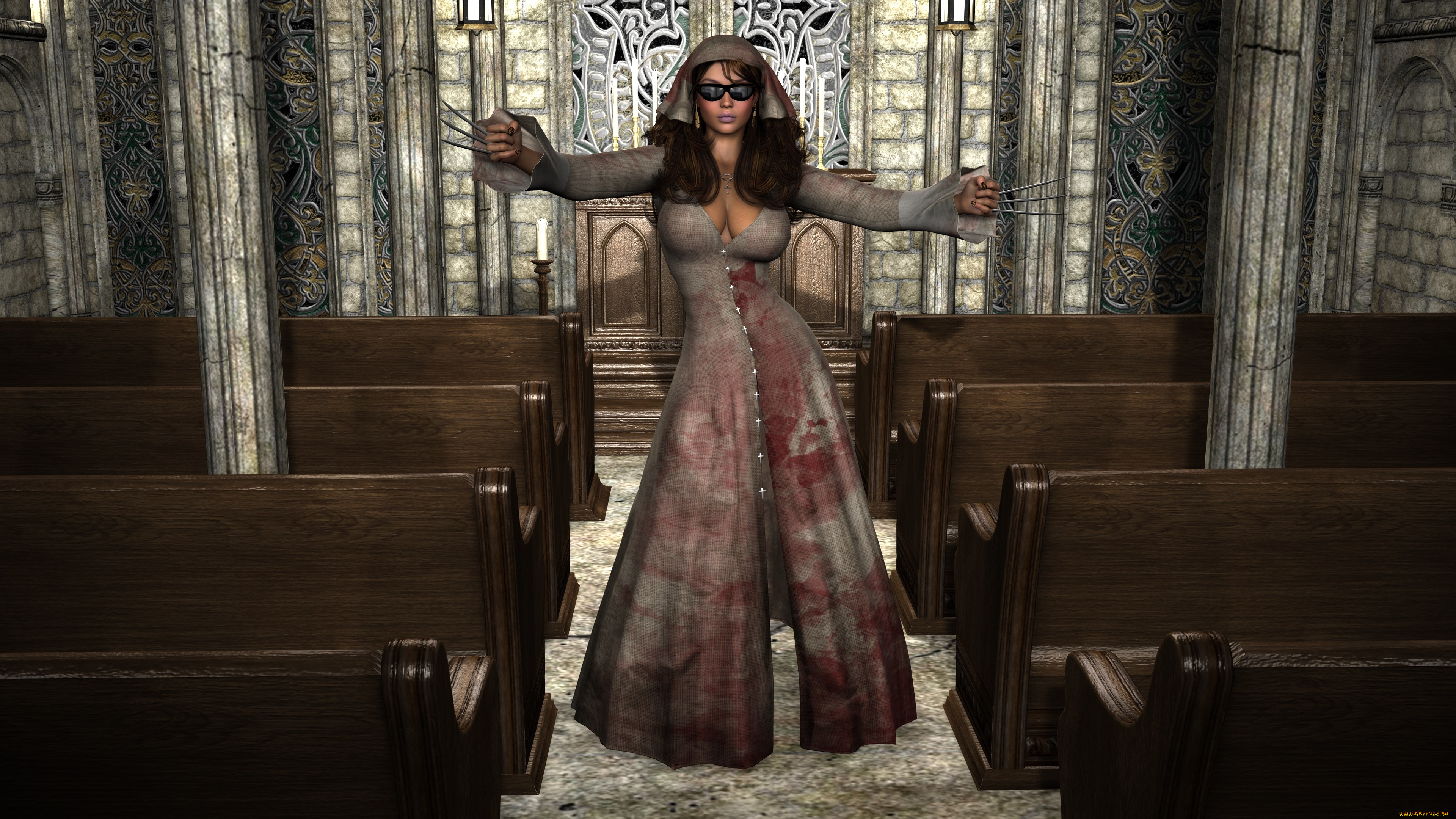 3д, графика, фантазия, , fantasy, девушка, взгляд, фон, скамейки, шипы