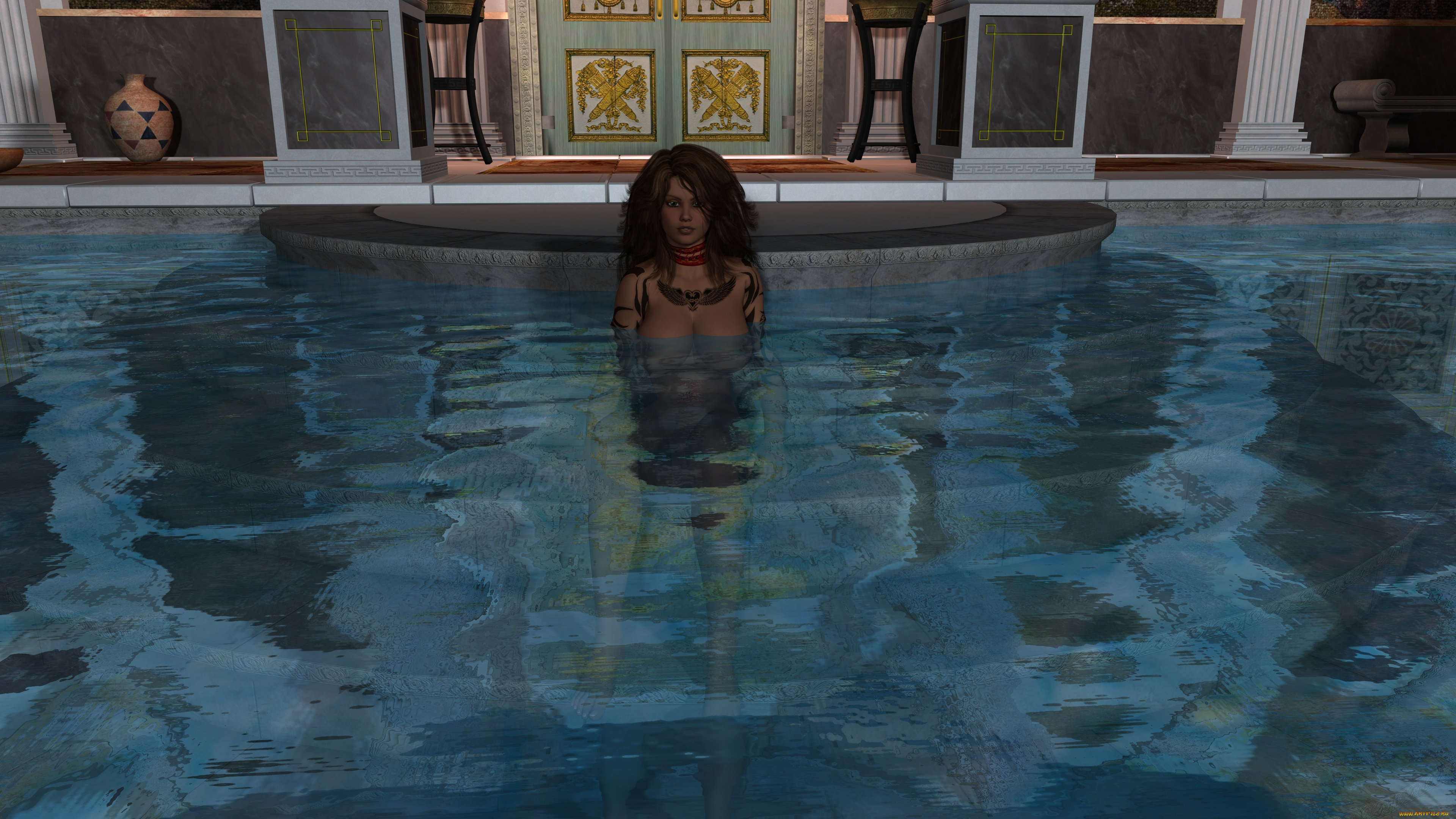 3д, графика, люди, , people, девушка, взгляд, фон, бассейн