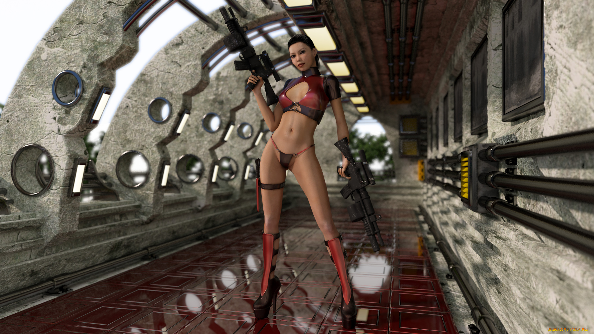 3д, графика, амазонки, , amazon, взгляд, автомат, униформа, фон, девушка