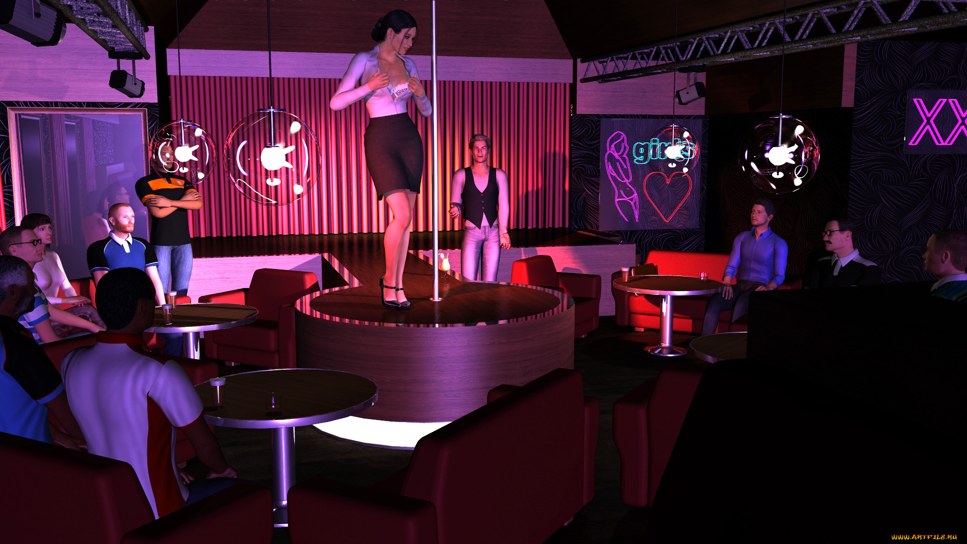 3д, графика, люди, , people, паб, шест, танец, фон, парни, взгляд, девушка