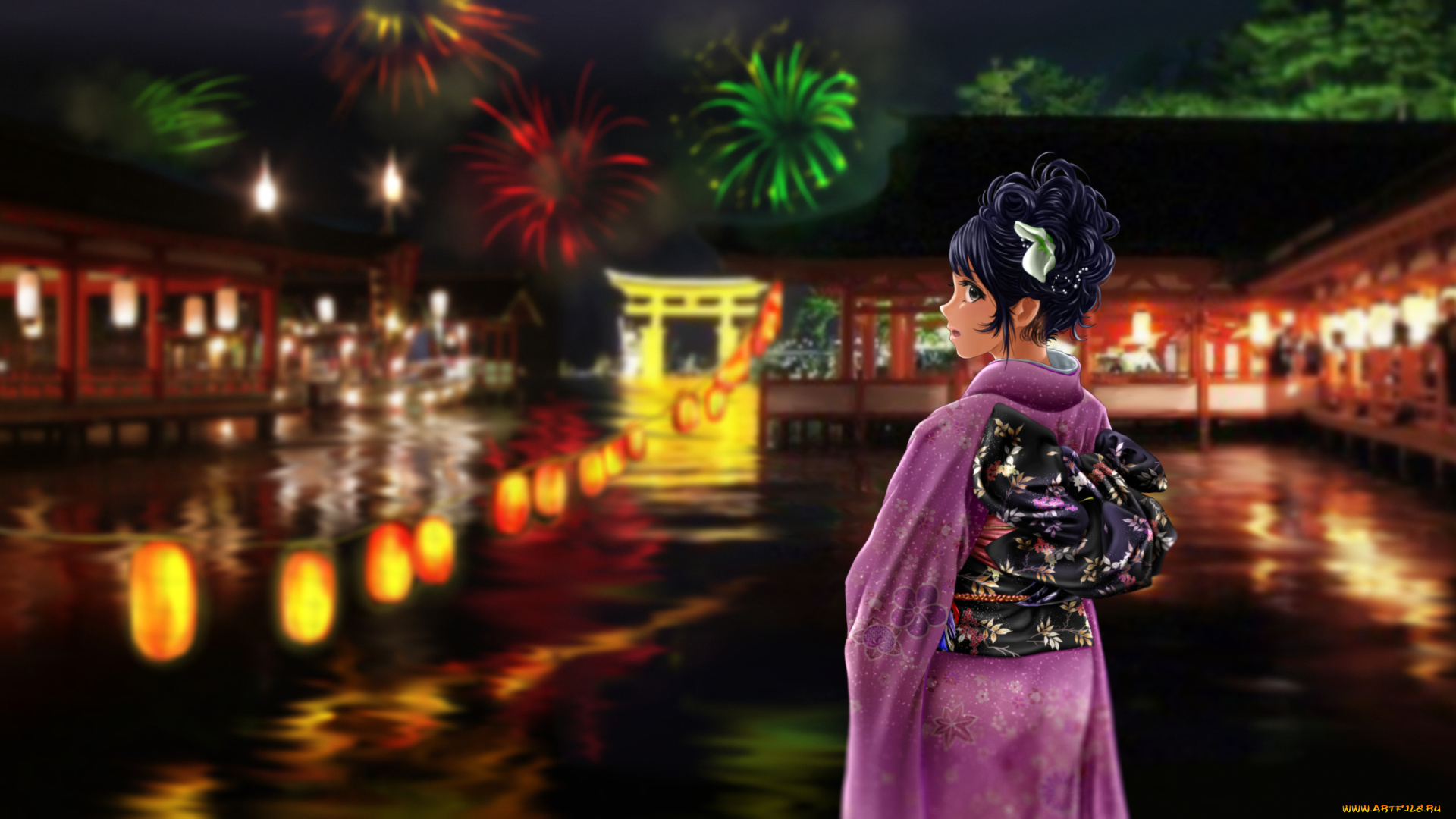 аниме, город, , улицы, , здания, ночь, parsue, девушка