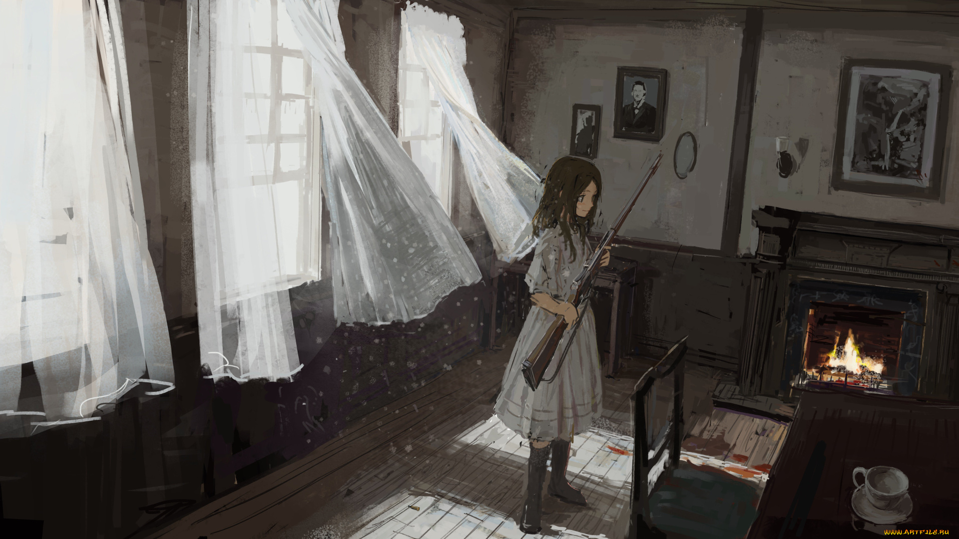 аниме, оружие, , техника, , технологии, камин, shion, mirudakemann, ружьё, стул, комната, девушка